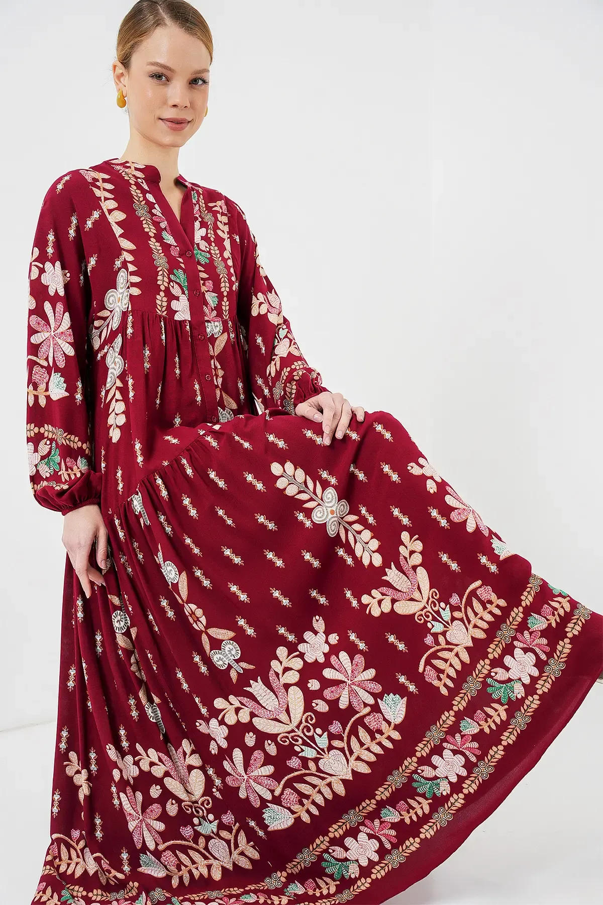 2423 Otantik Desenli Tesettür Elbise - H. Bordo