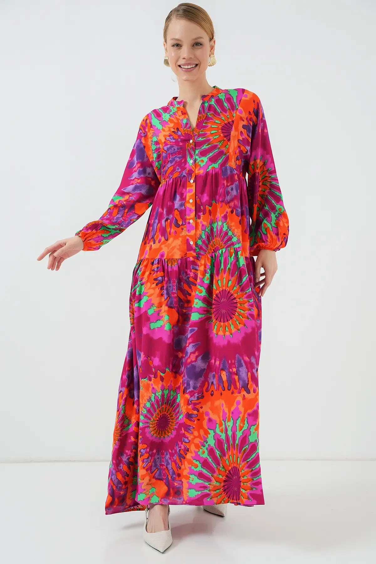 2423 Otantik Desenli Tesettür Elbise - H. Fuşya