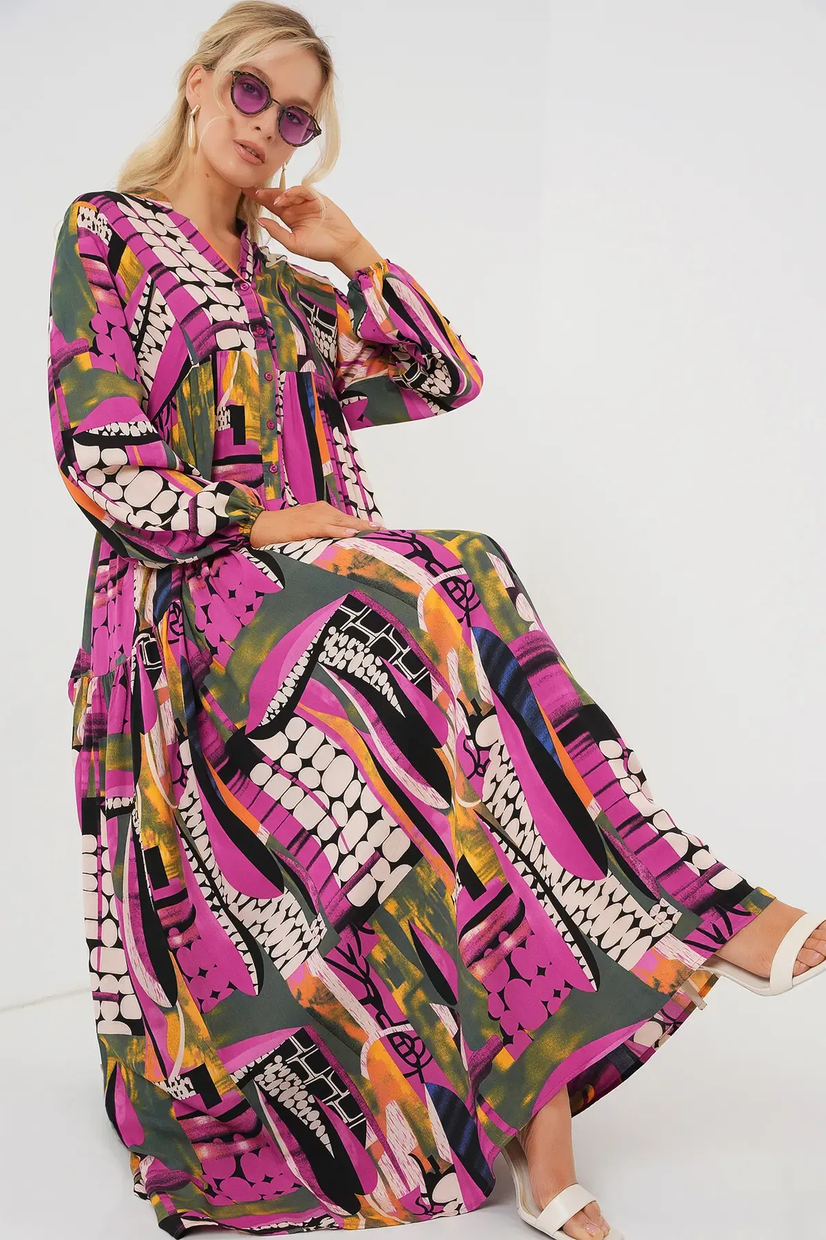 2423 Otantik Desenli Tesettür Elbise - H. Haki