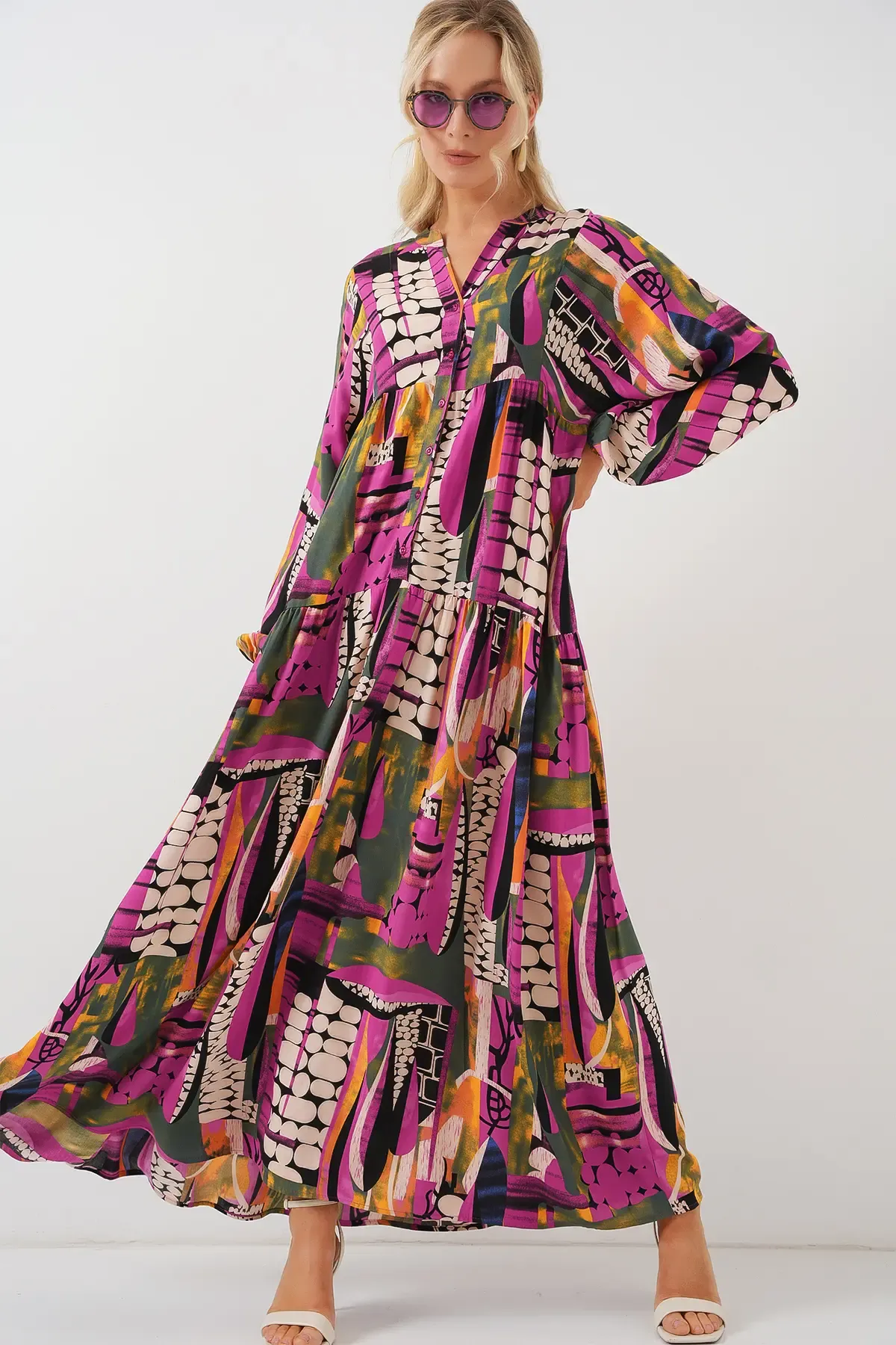 2423 Otantik Desenli Tesettür Elbise - H. Haki