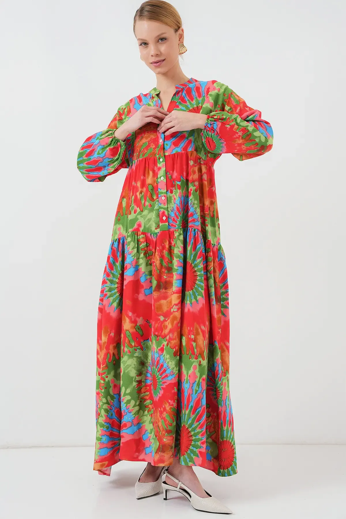 2423 Otantik Desenli Tesettür Elbise - L. Kırmızı