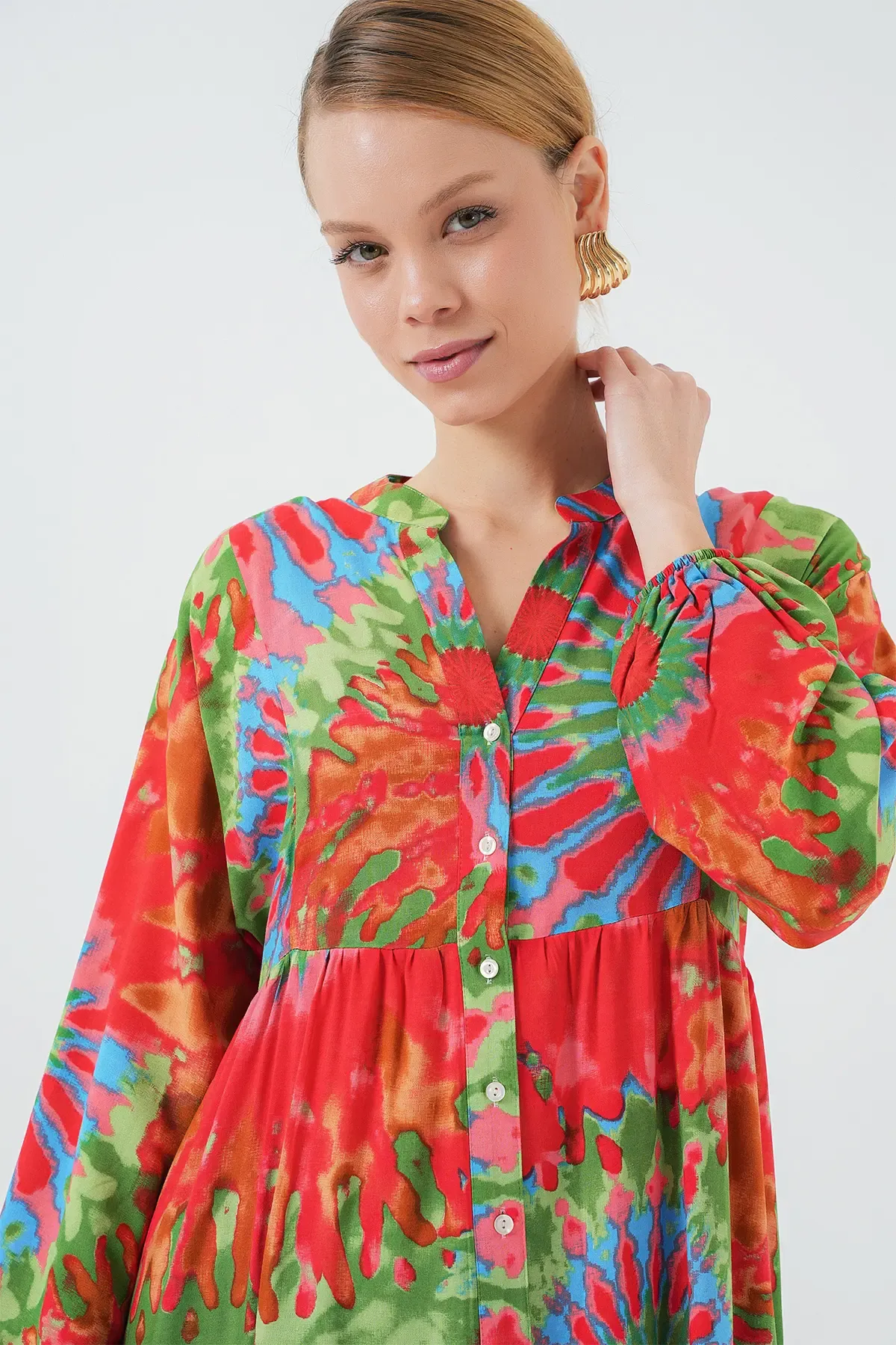 2423 Otantik Desenli Tesettür Elbise - L. Kırmızı