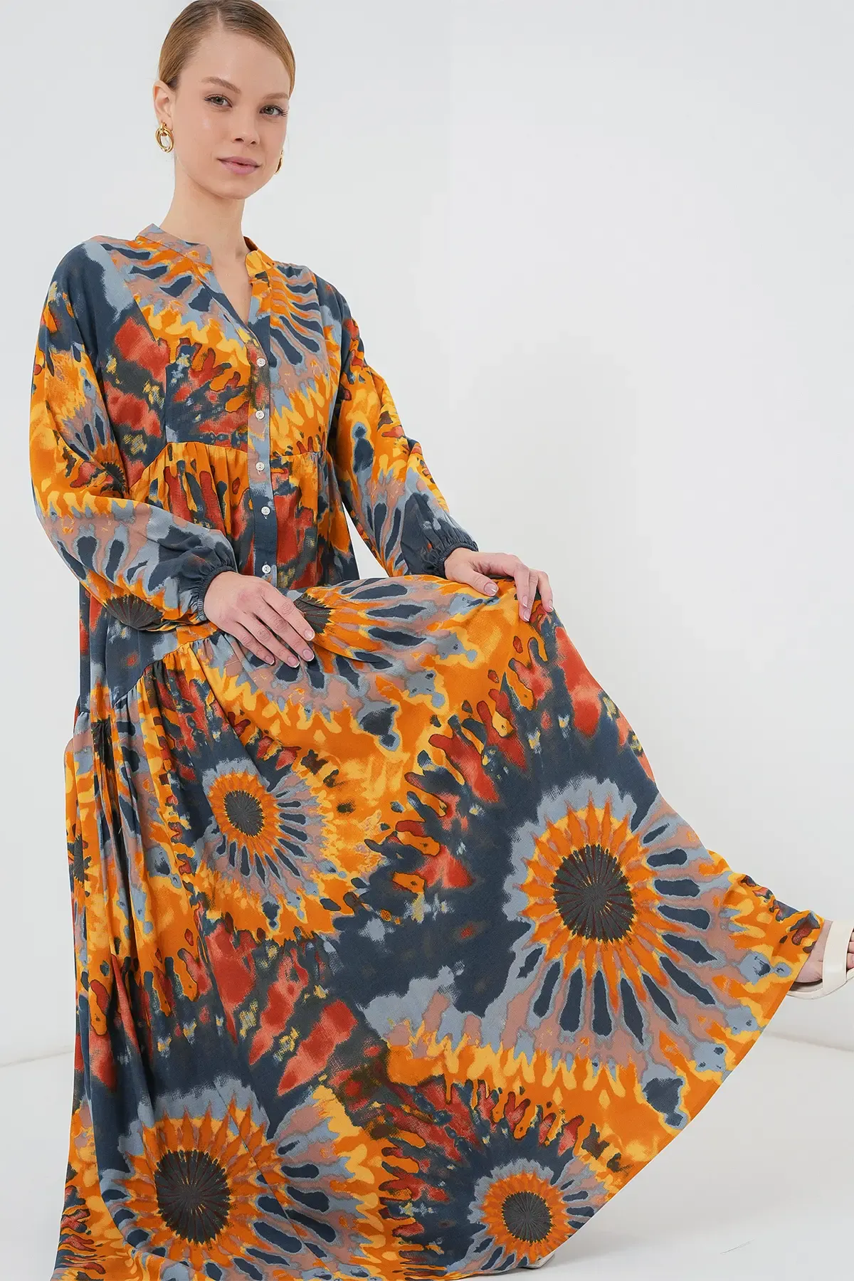 2423 Otantik Desenli Tesettür Elbise - L. Turuncu