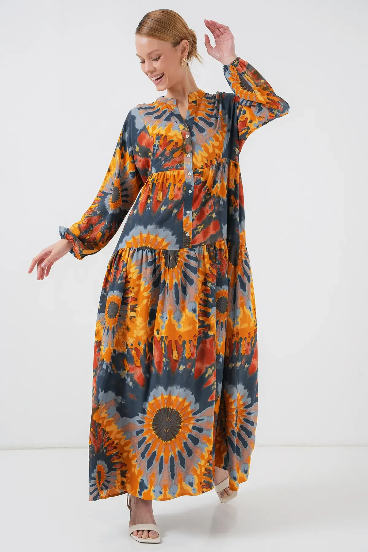 2423 Otantik Desenli Tesettür Elbise - L. Turuncu