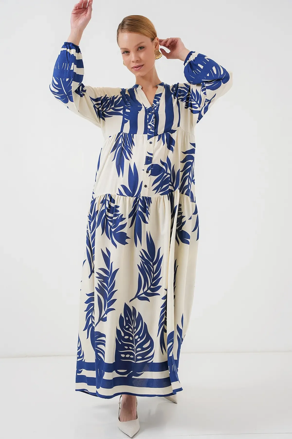 2423 Otantik Desenli Tesettür Elbise - Lacivert 0