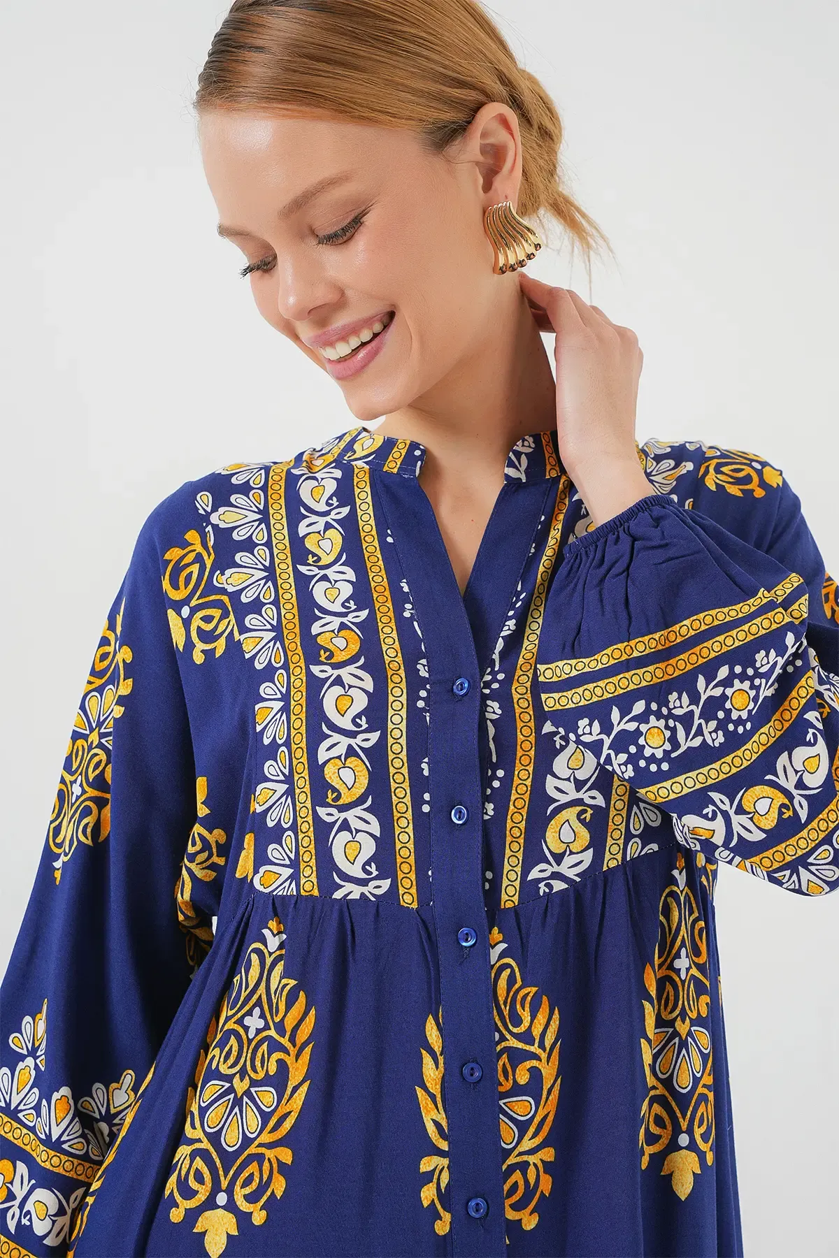 2423 Otantik Desenli Tesettür Elbise - Lacivert 6