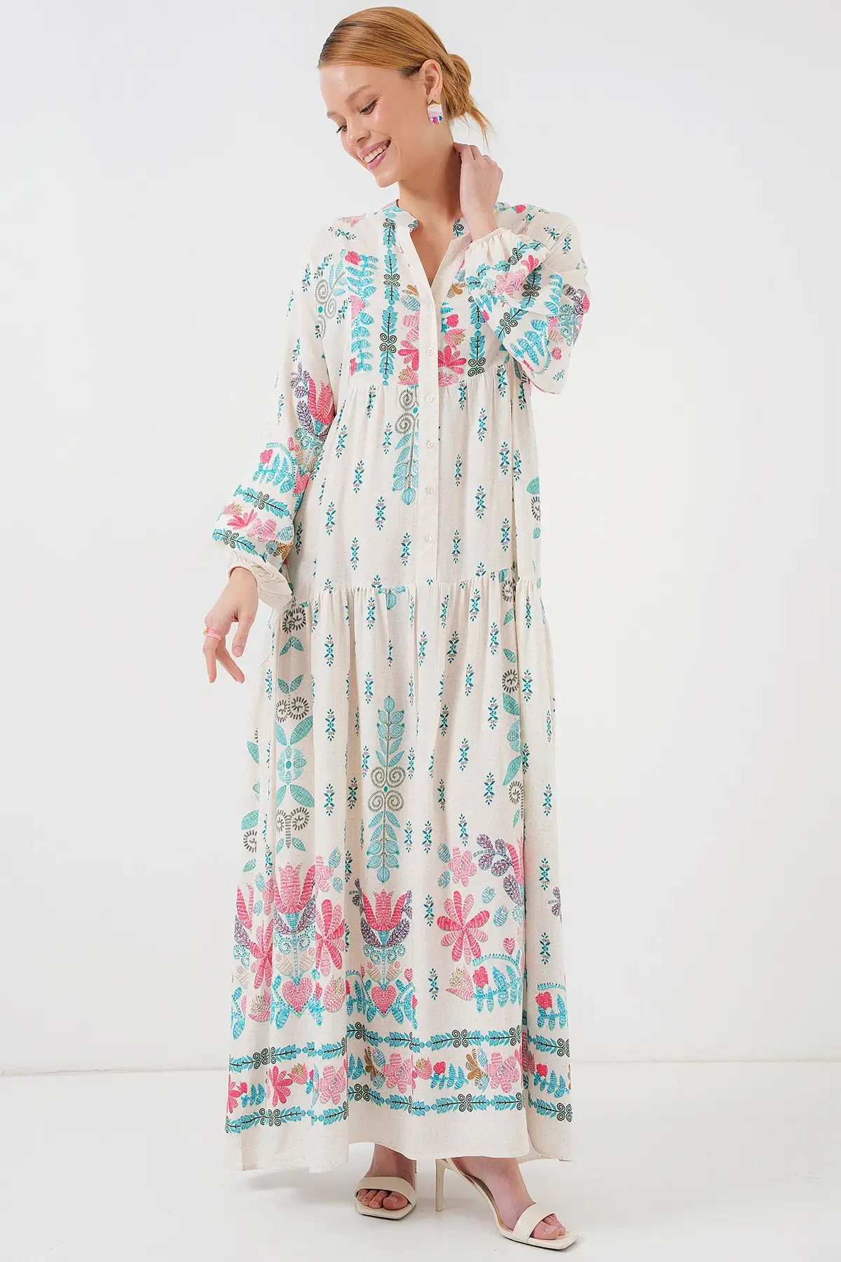 2423 Otantik Desenli Tesettür Elbise - M. Mavi