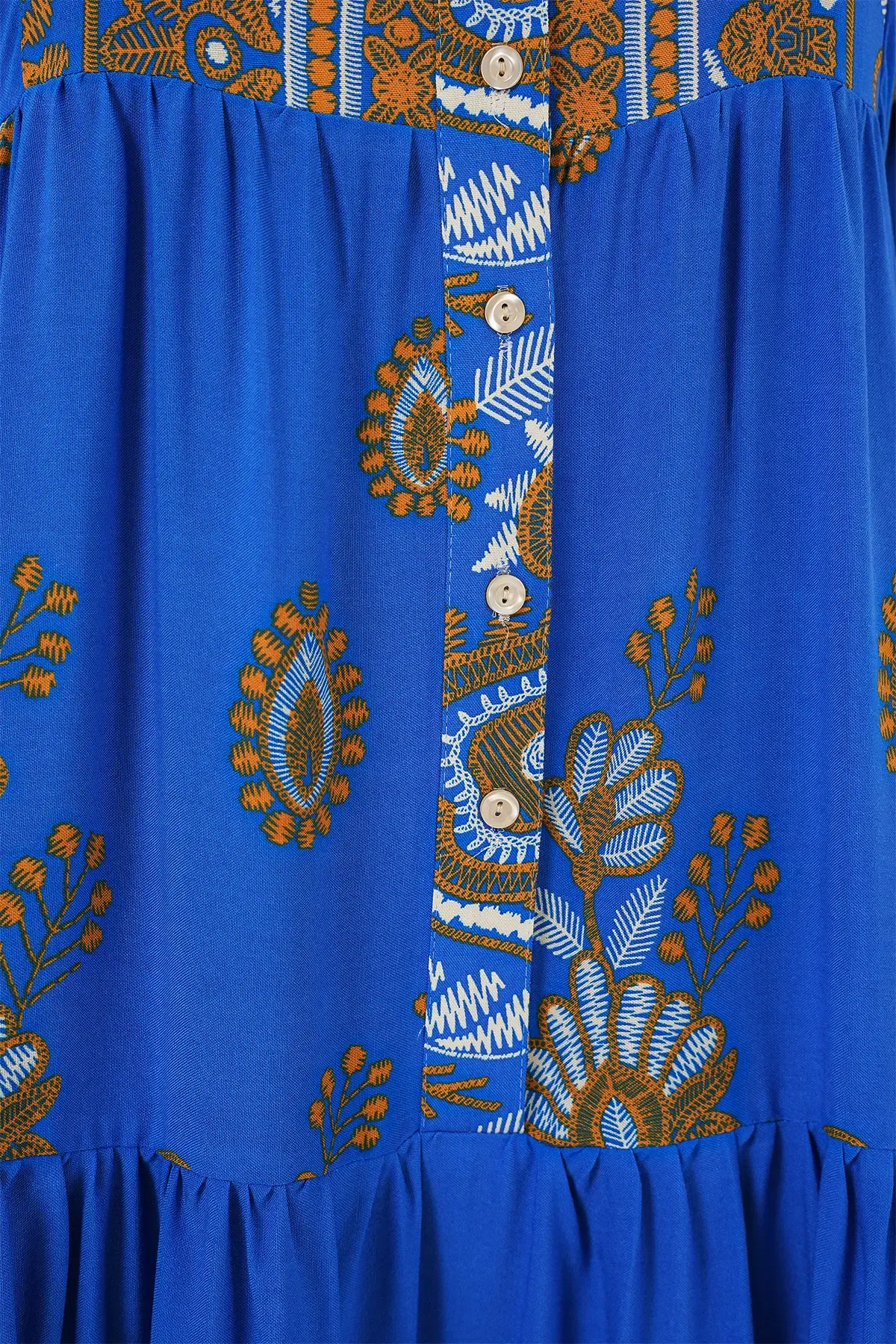 2423 Otantik Desenli Tesettür Elbise - Saks 1