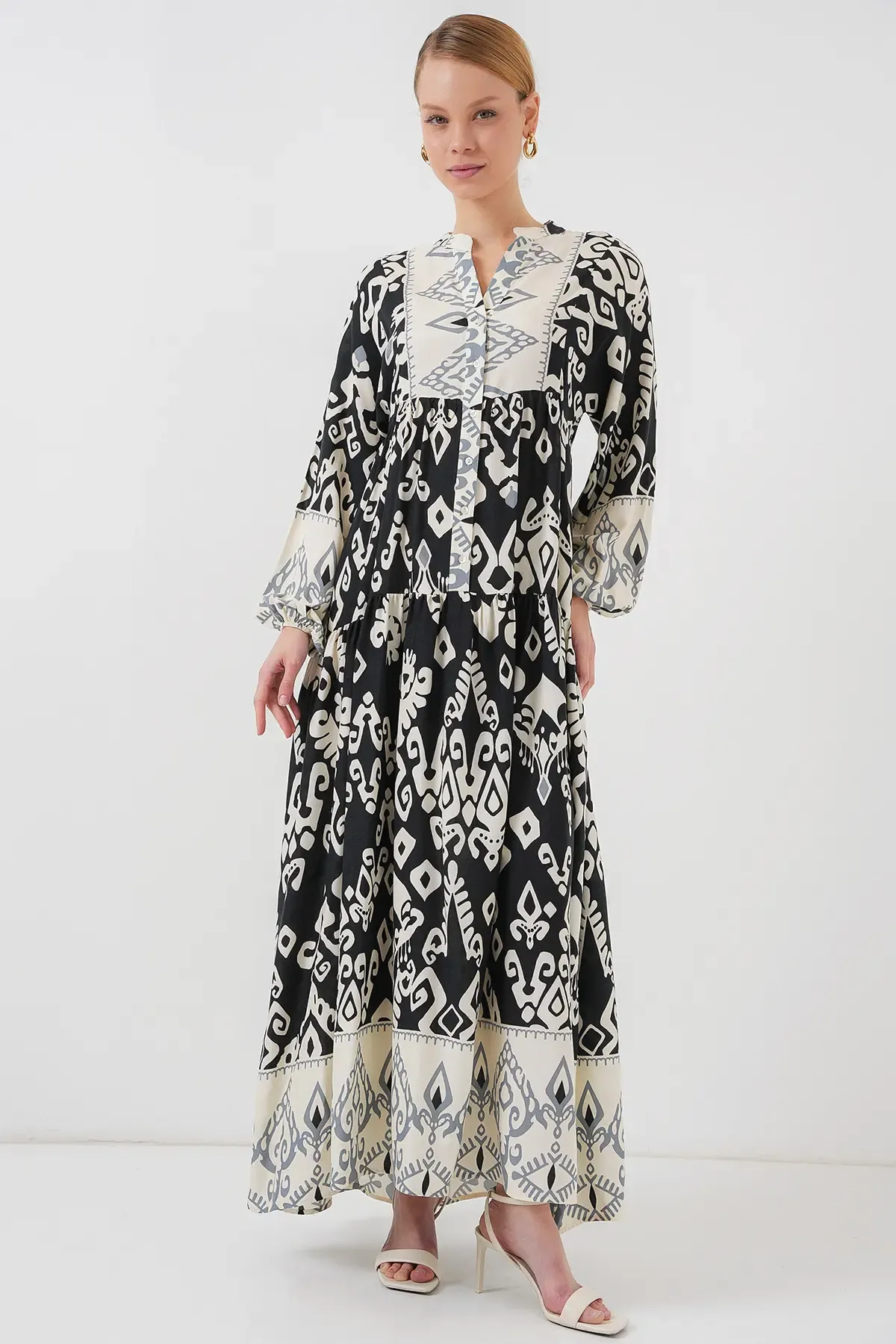 2423 Otantik Desenli Tesettür Elbise - Siyah 8