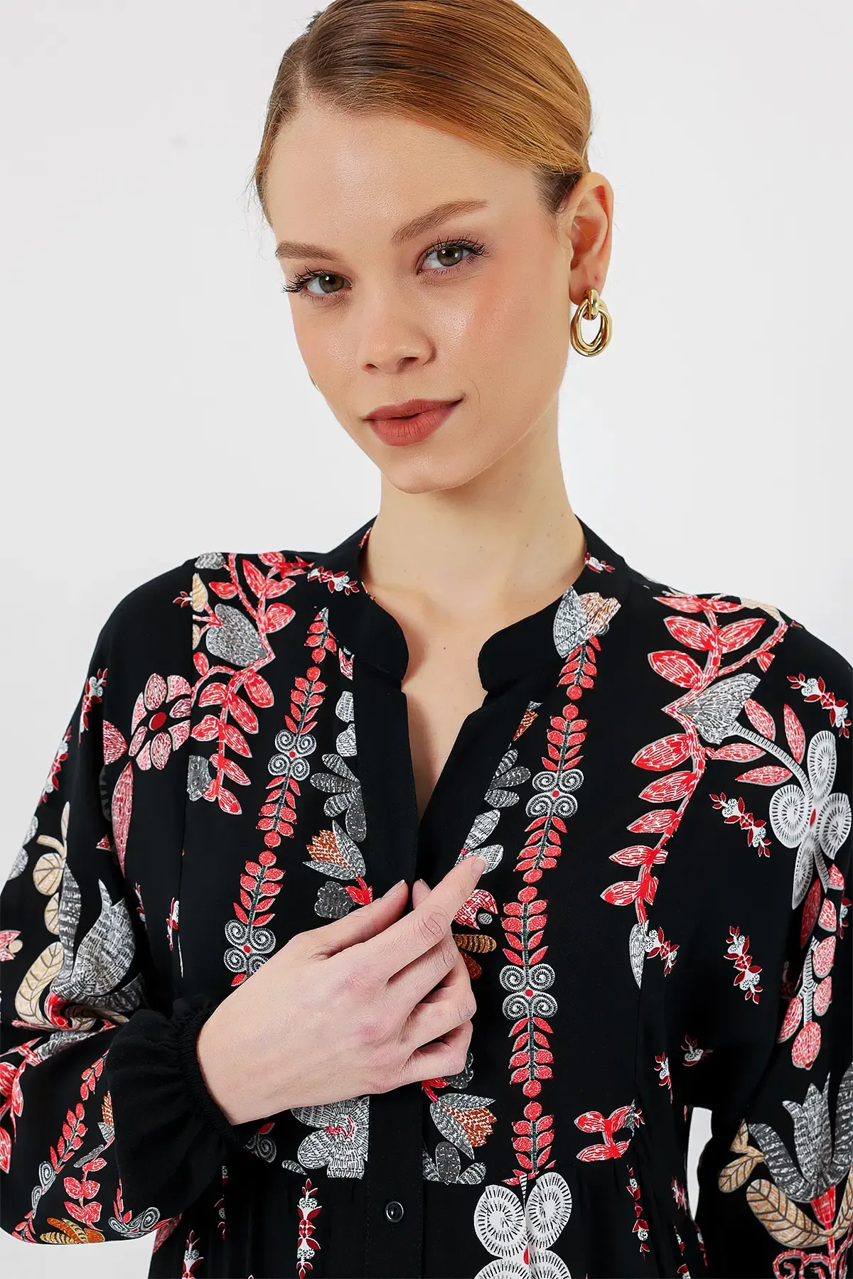 2423 Otantik Desenli Tesettür Elbise - Siyah - Kiremit