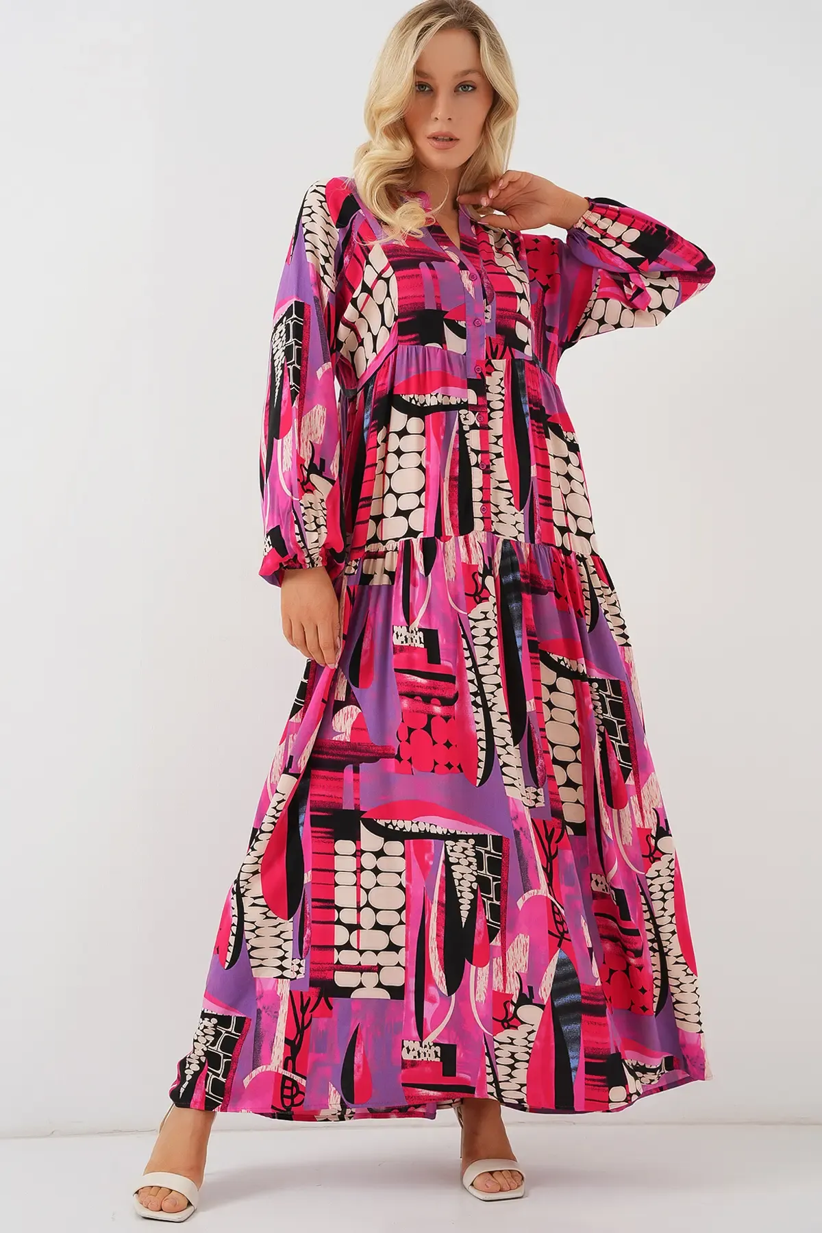 2423 Otantik Desenli Tesettür Elbise - Siyah - Mor