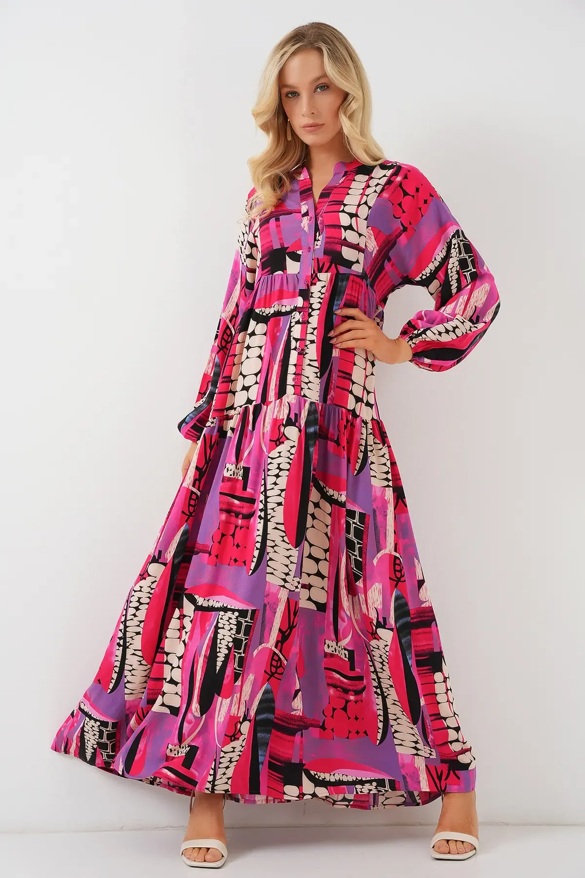 2423 Otantik Desenli Tesettür Elbise - Siyah - Mor