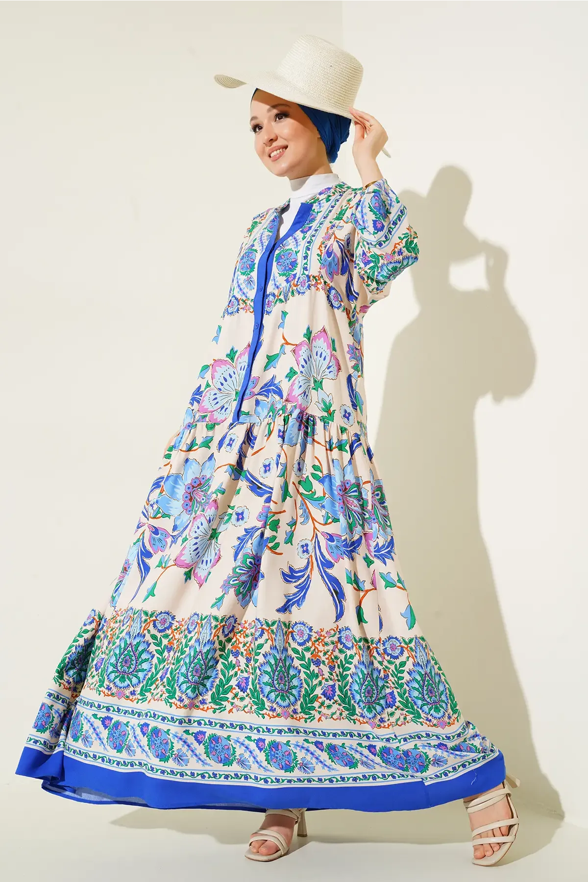 2423 Otantik Desenli Tesettür Elbise - Y.Lacivert