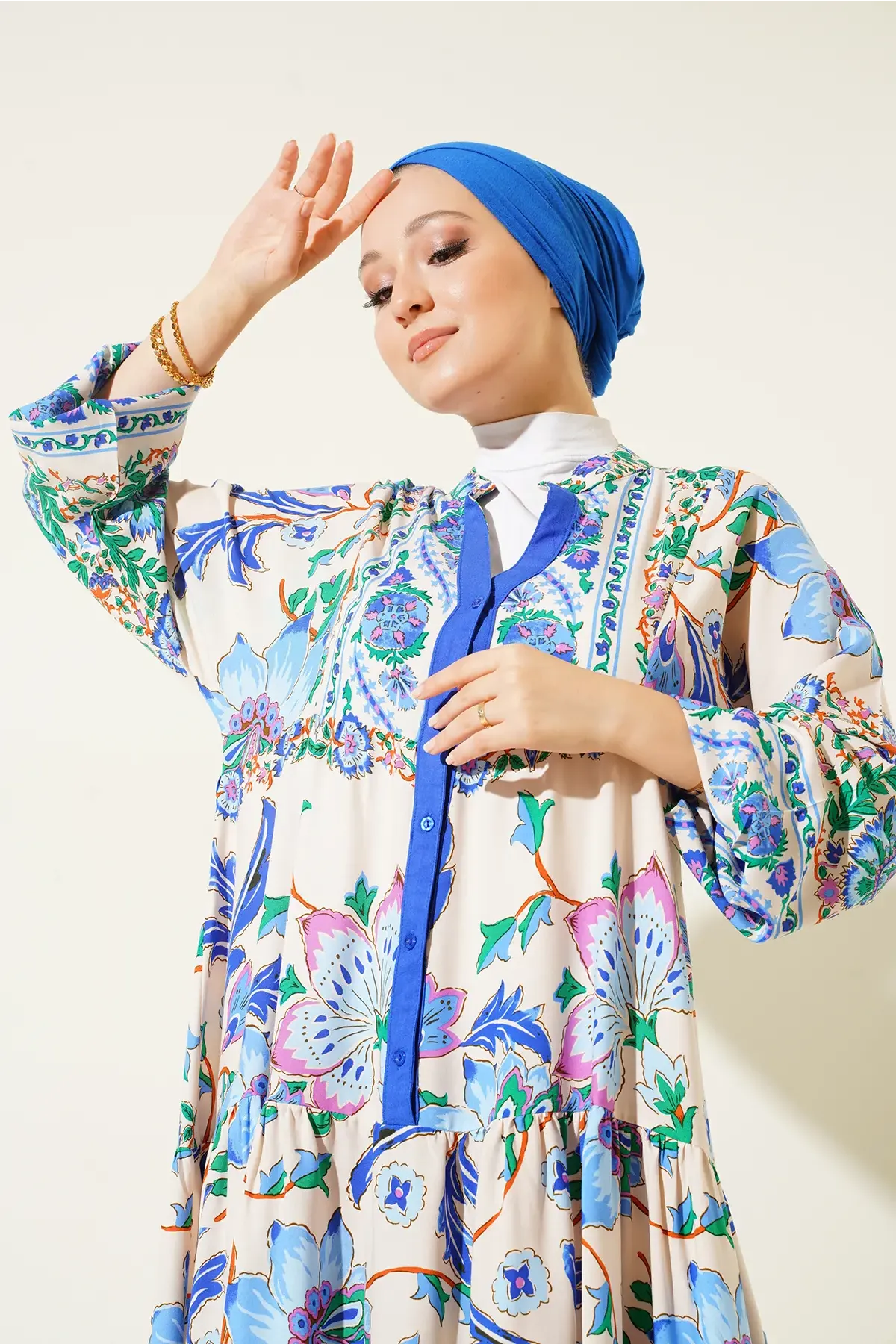 2423 Otantik Desenli Tesettür Elbise - Y.Lacivert