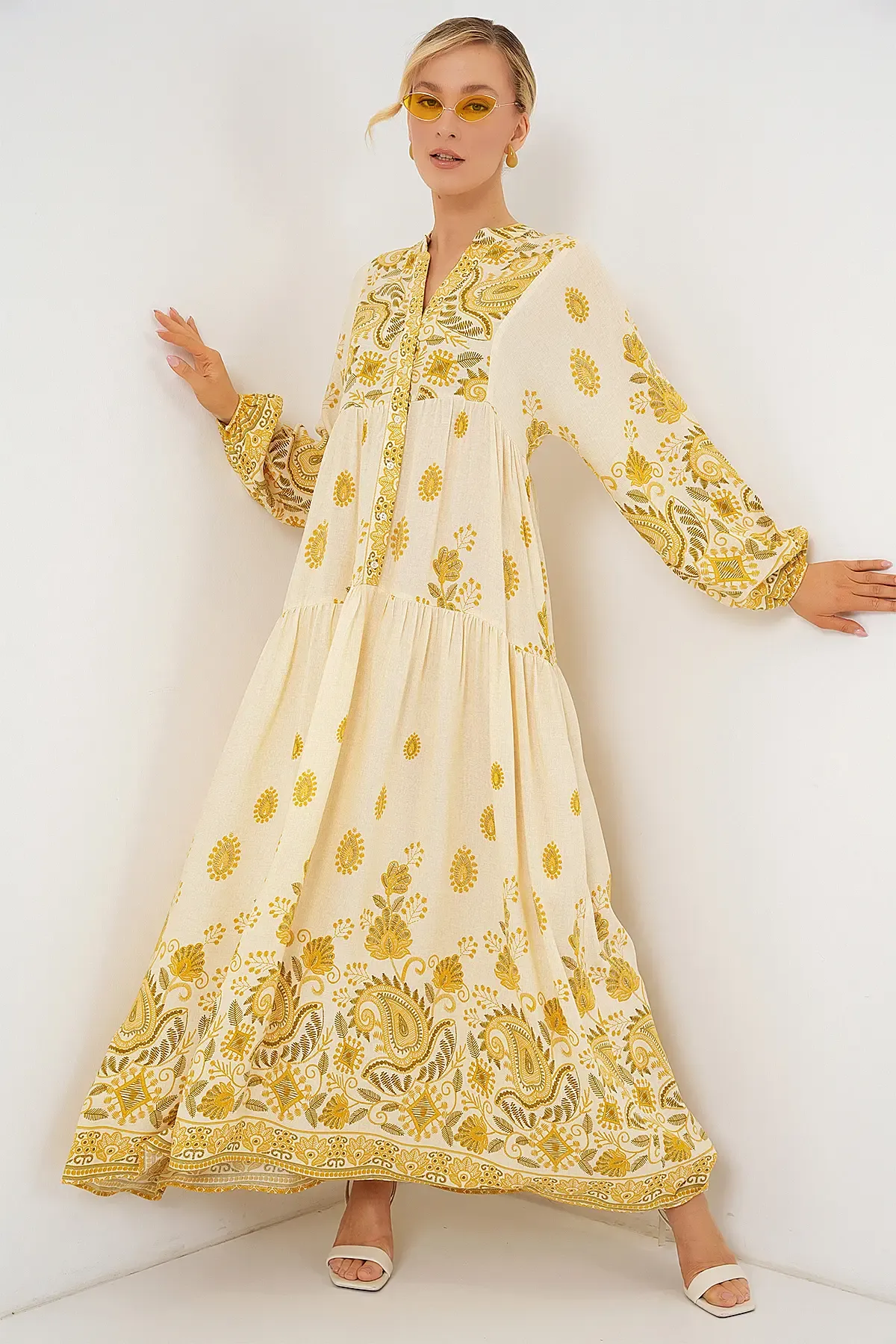 2423 Otantik Desenli Tesettür Elbise - Y.Sarı