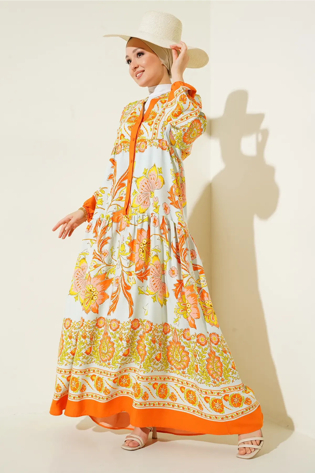 2423 Otantik Desenli Tesettür Elbise - Y.Turuncu