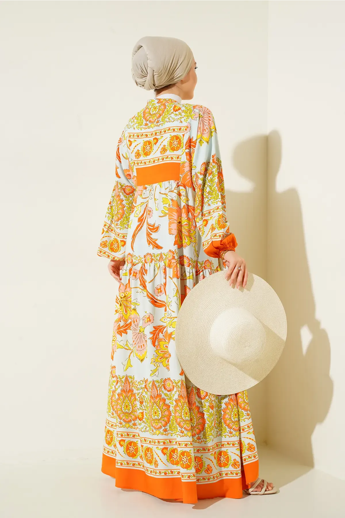 2423 Otantik Desenli Tesettür Elbise - Y.Turuncu