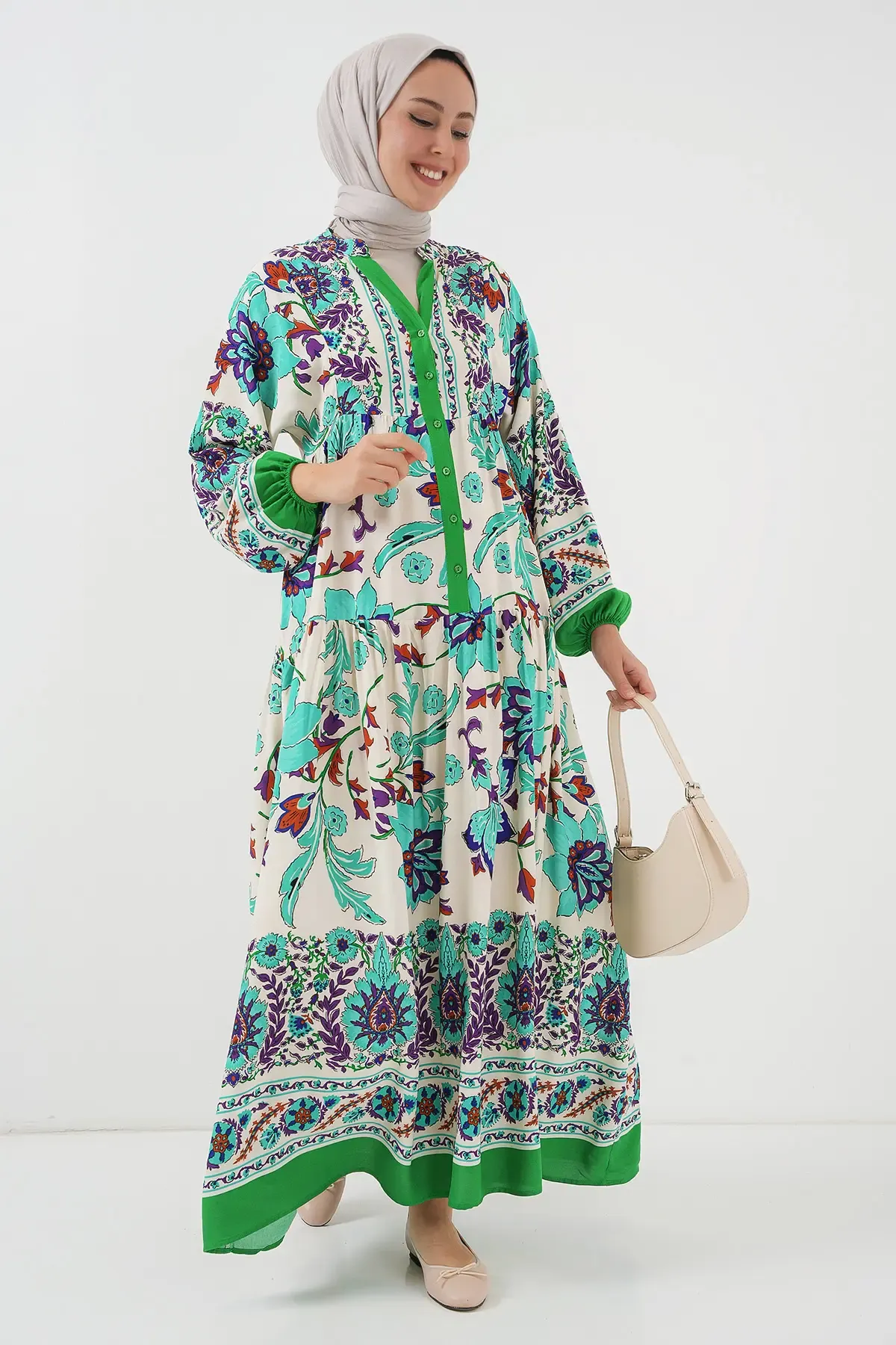 2423 Otantik Desenli Tesettür Elbise - Yeşil 1
