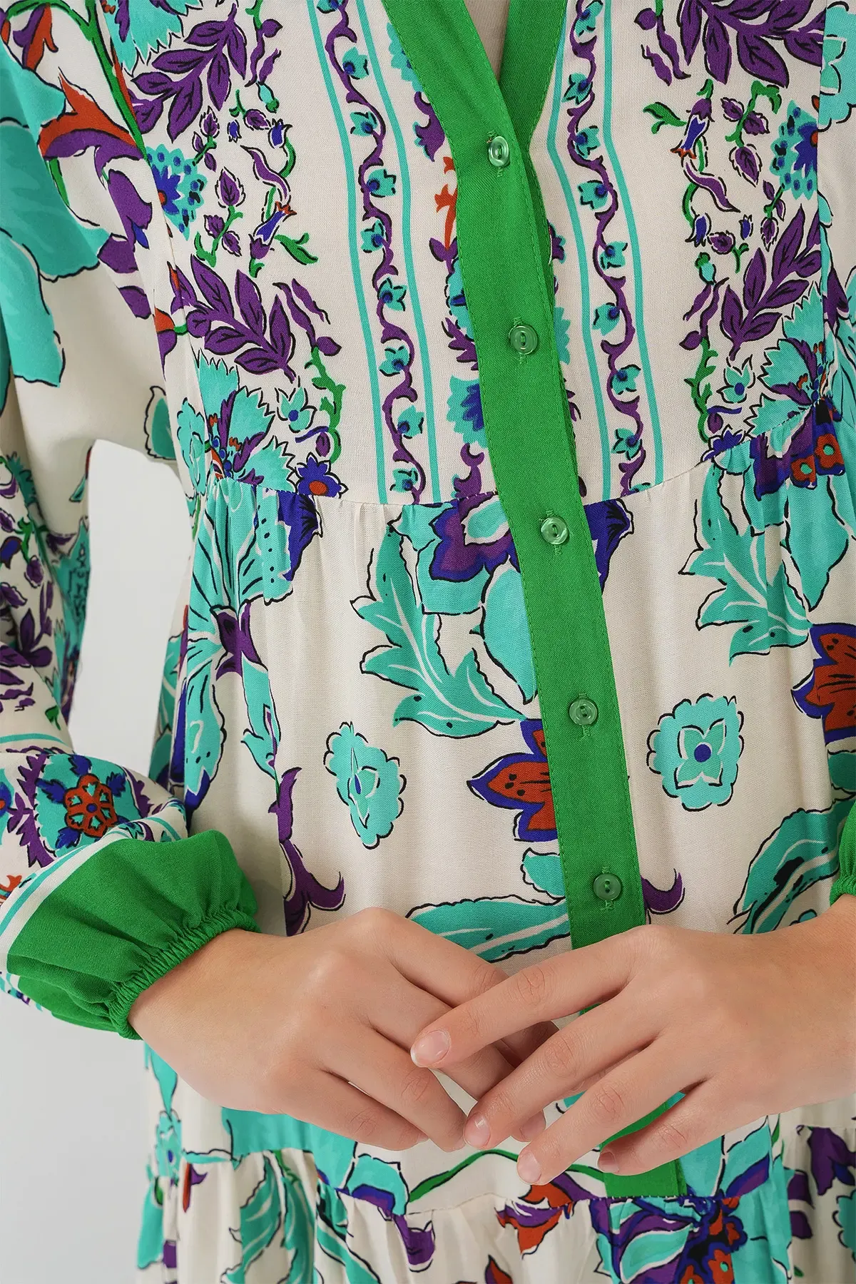 2423 Otantik Desenli Tesettür Elbise - Yeşil 1