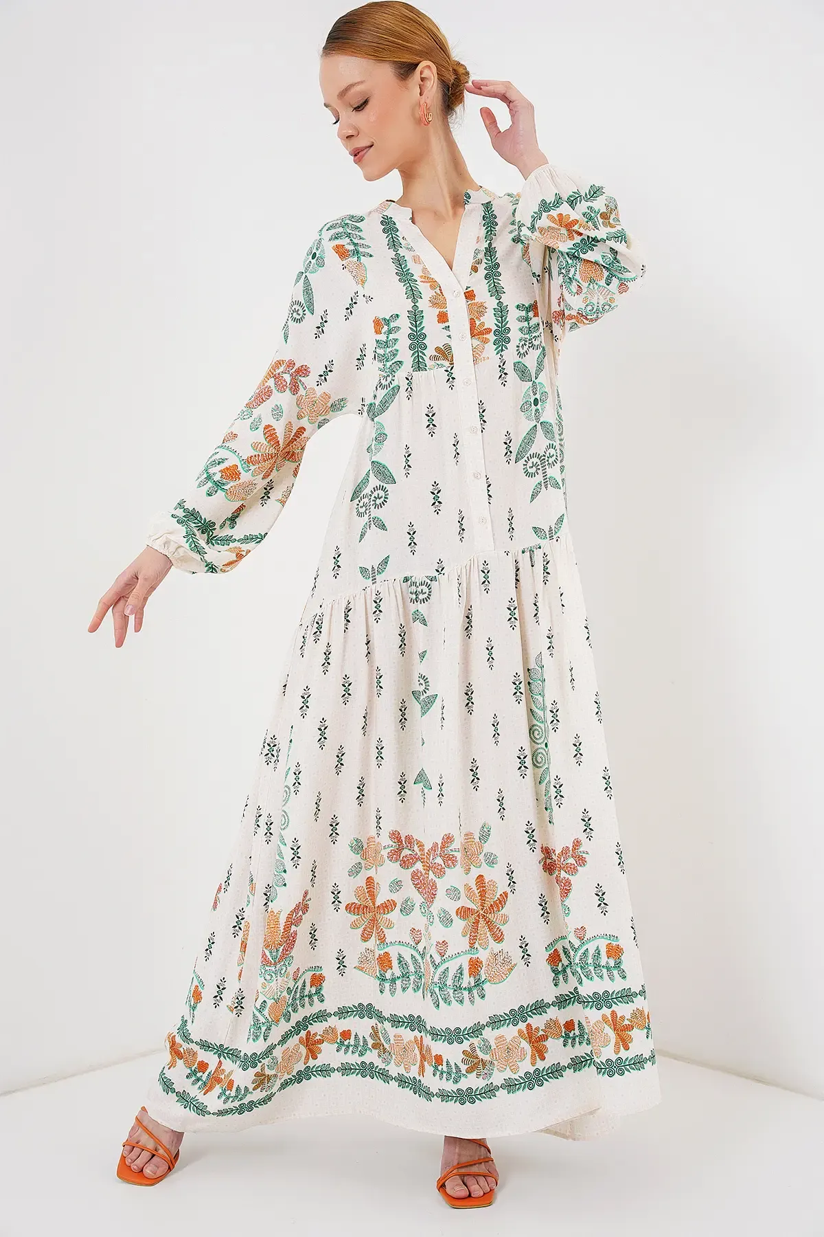 2423 Otantik Desenli Tesettür Elbise - Yeşil 10