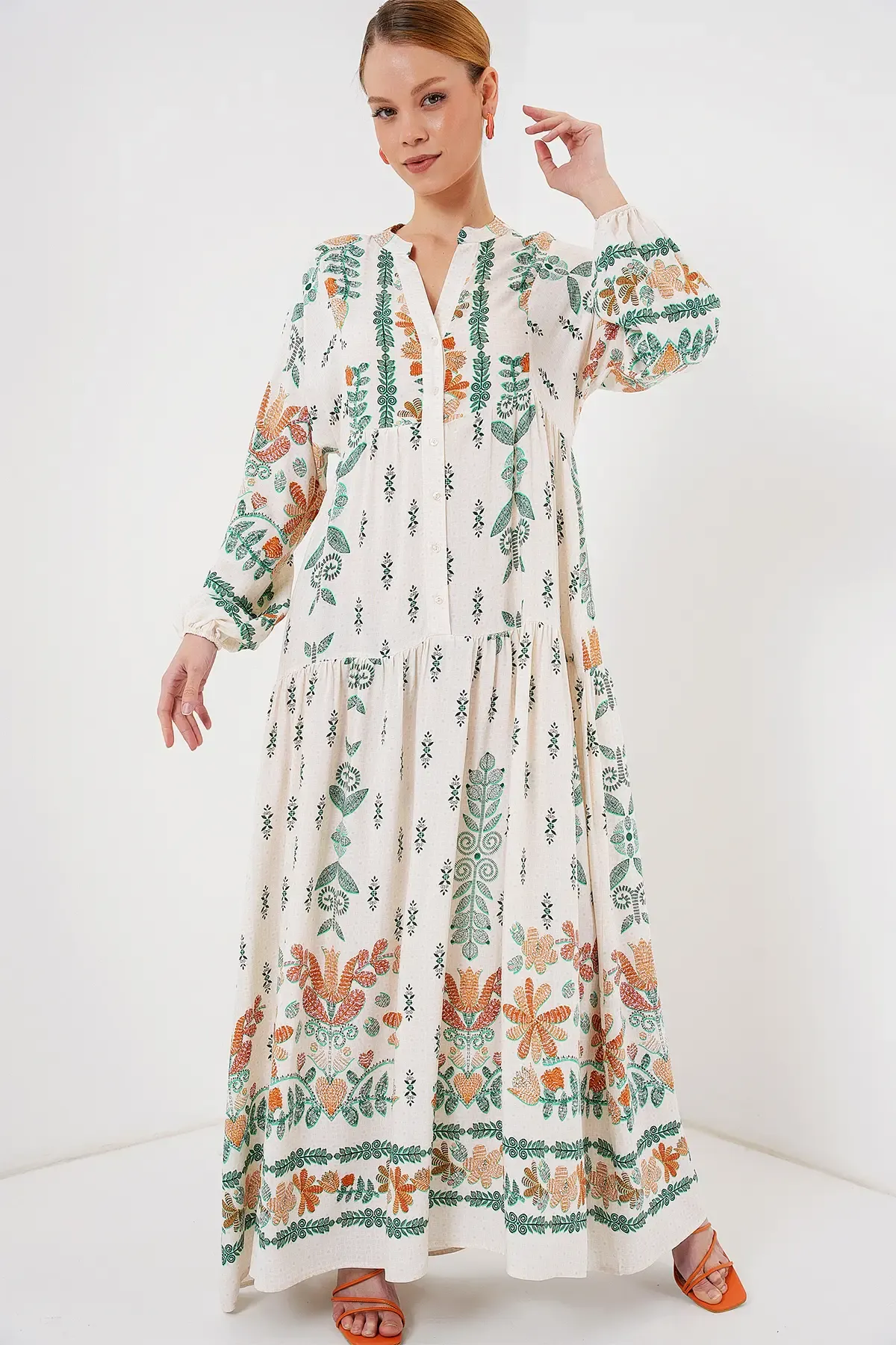 2423 Otantik Desenli Tesettür Elbise - Yeşil 10