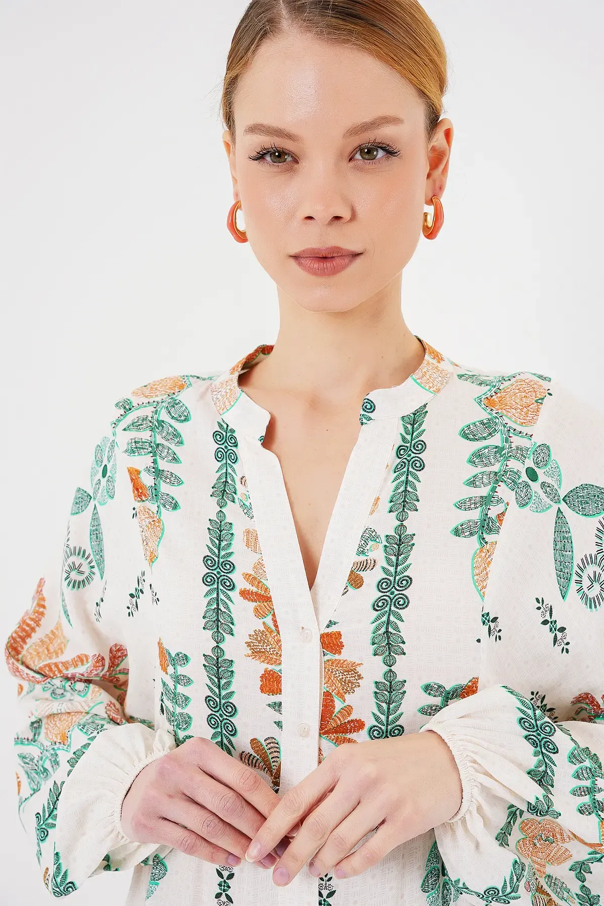 2423 Otantik Desenli Tesettür Elbise - Yeşil 10