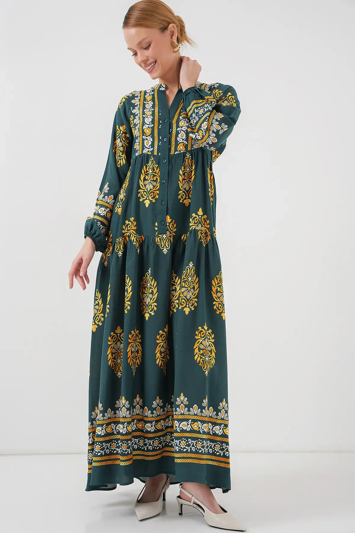 2423 Otantik Desenli Tesettür Elbise - Yeşil 7