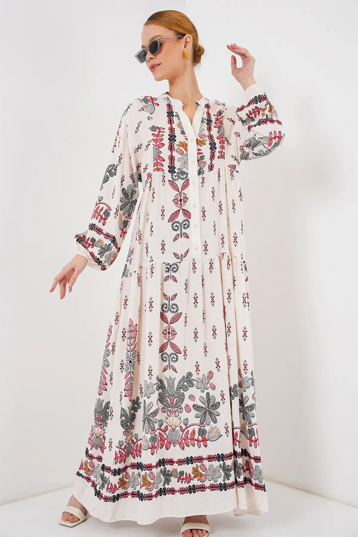 2423 Otantik Desenli Tesettür Elbise - Z. Kırmızı