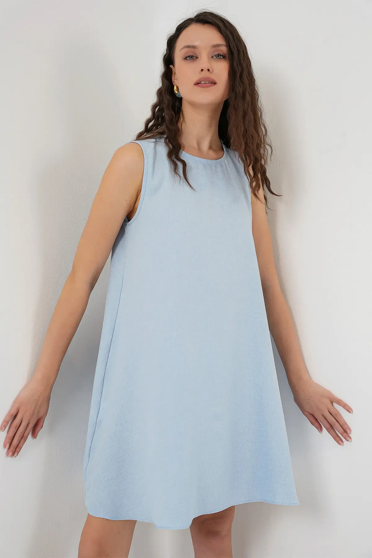 2444 Mini Keten Elbise - Açık Mavi