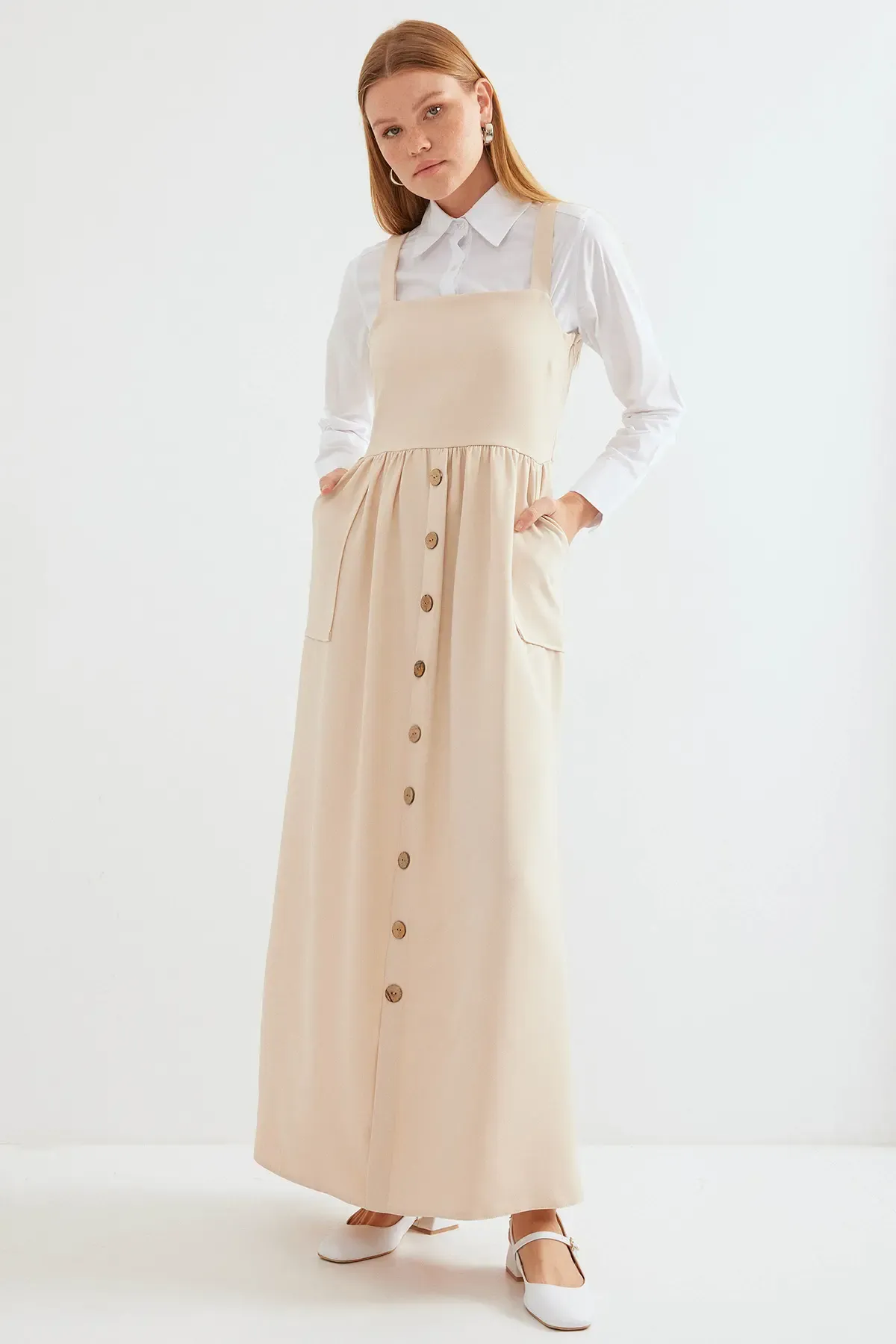 2490 Uzun Salopet Elbise - Krem