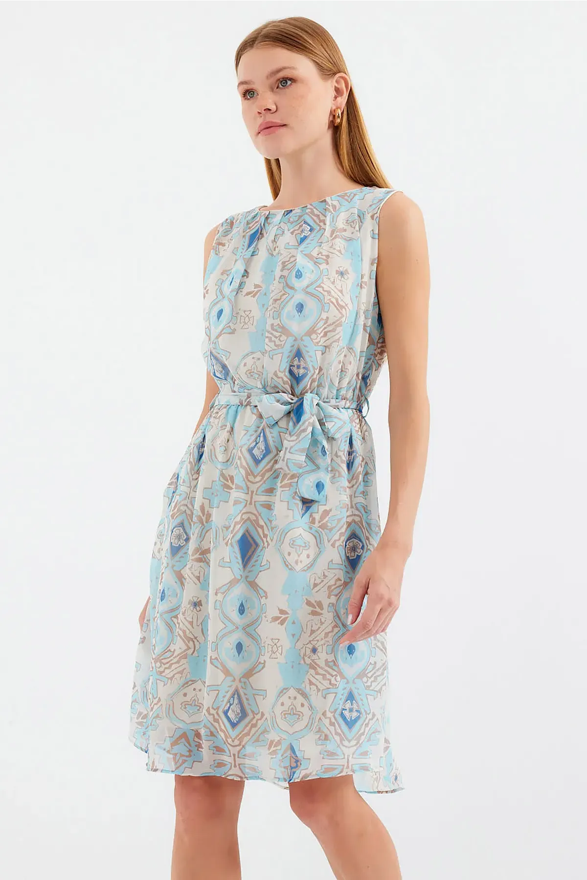 2501 Desenli Sıfır Kol Şifon Elbise - Mavi