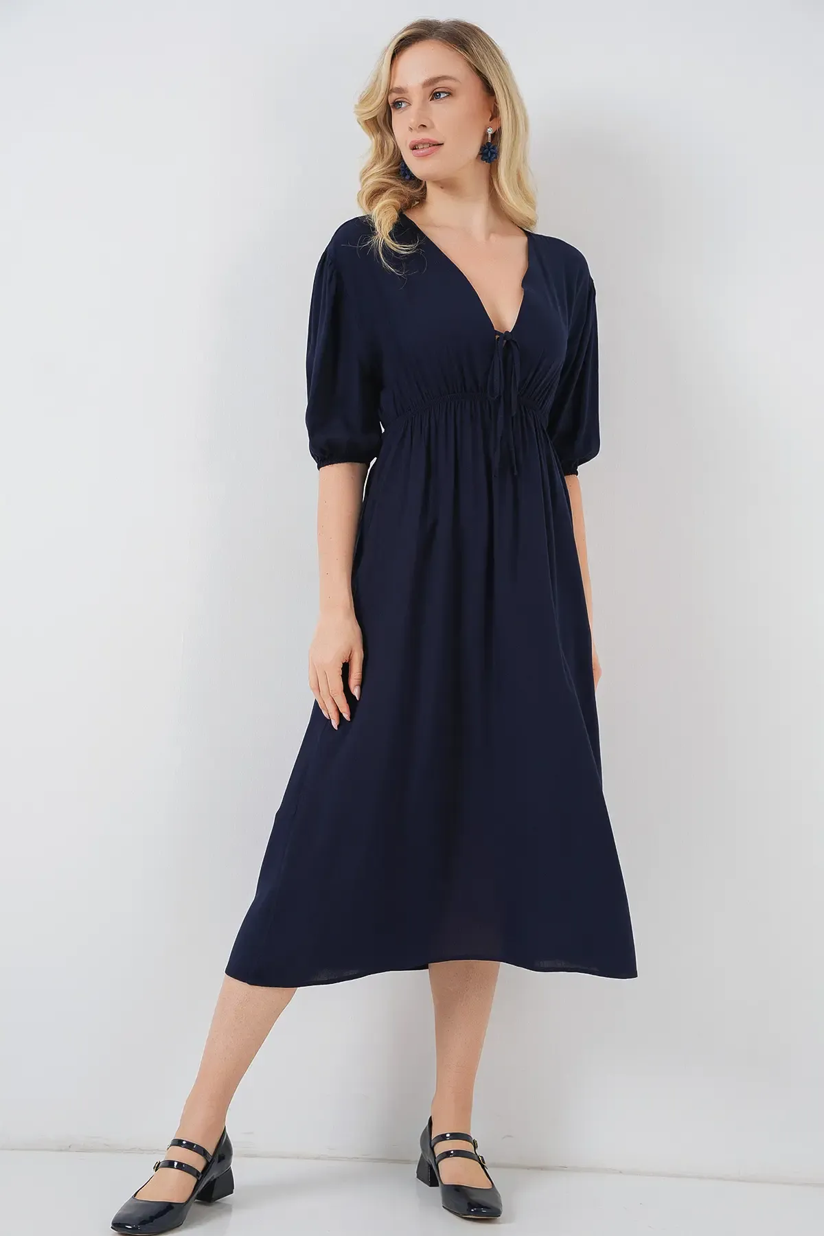 2570 Kadın Beli Büzgülü V Yaka Elbise - Lacivert