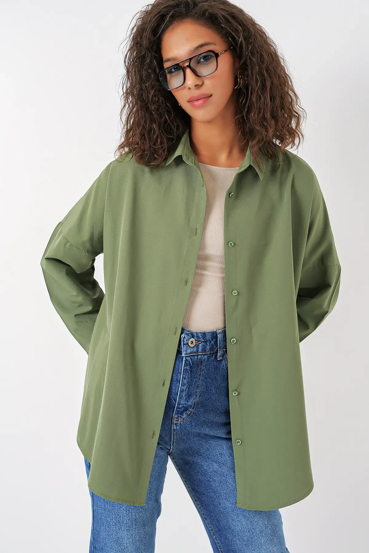 3900 Oversize Uzun Basic Gömlek - A.Haki