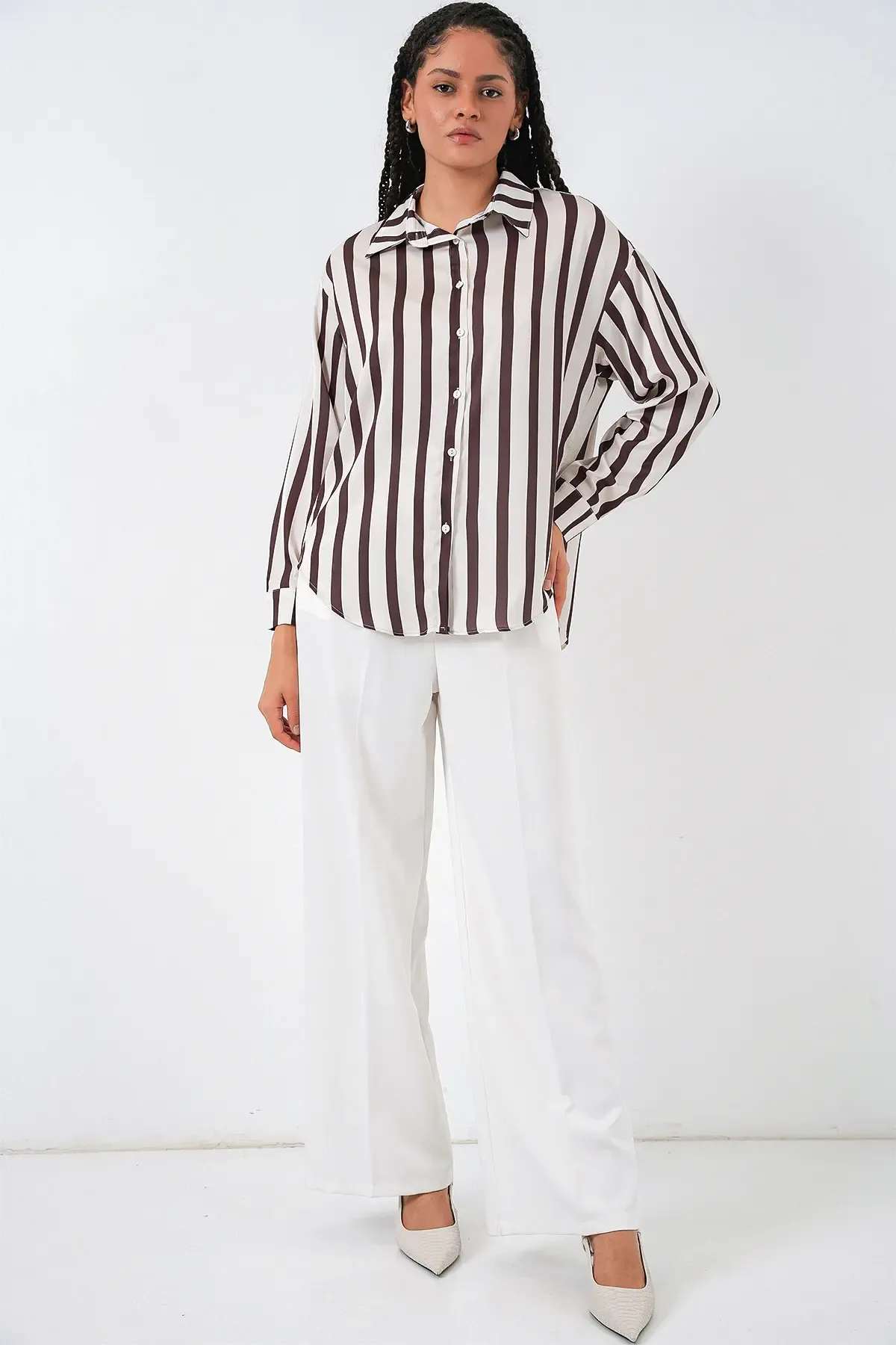 3964 Hafif Dökümlü Saten Gömlek - M. Kahverengi