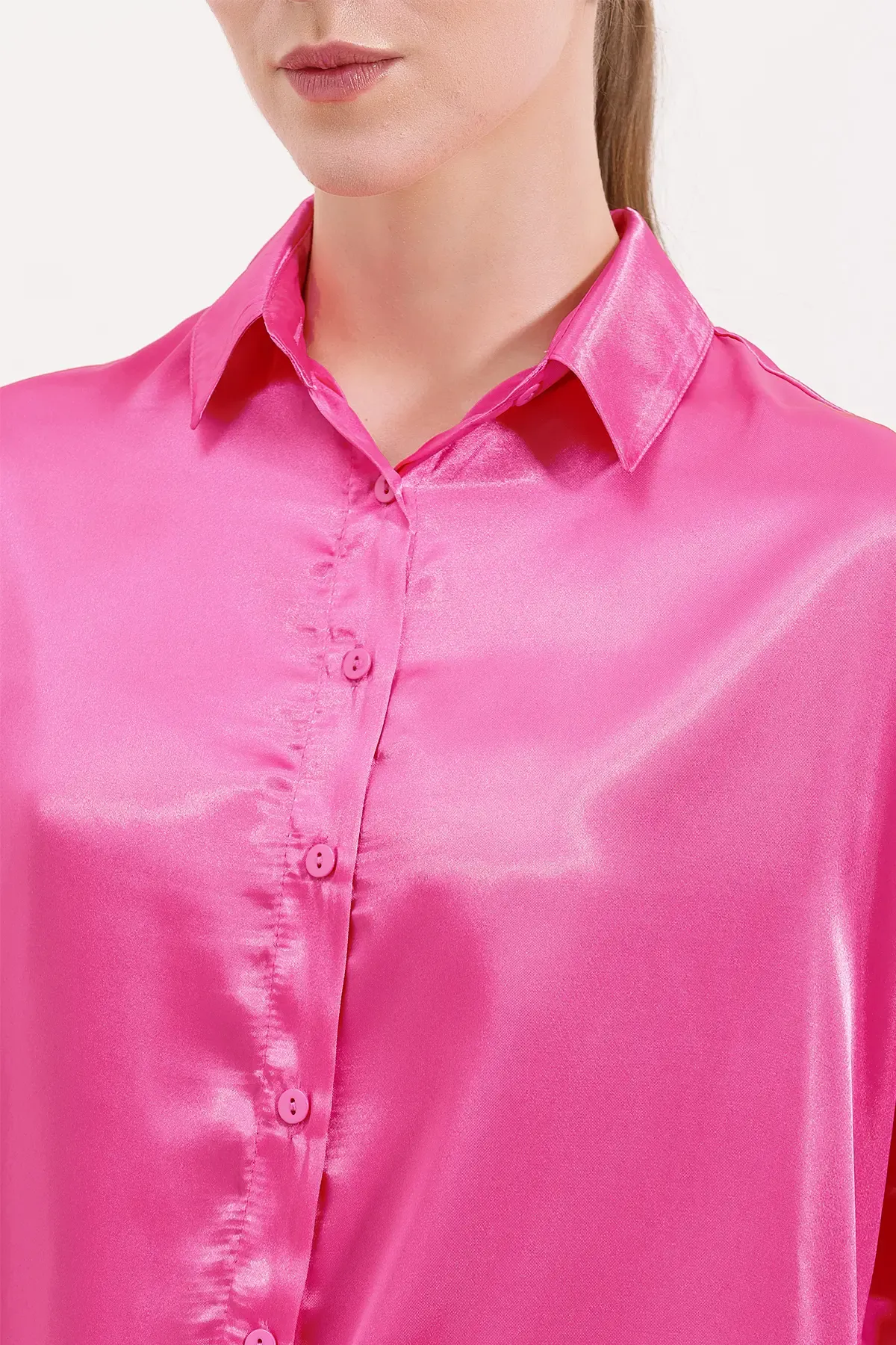 3985 Oversize Saten Gömlek - Fuşya