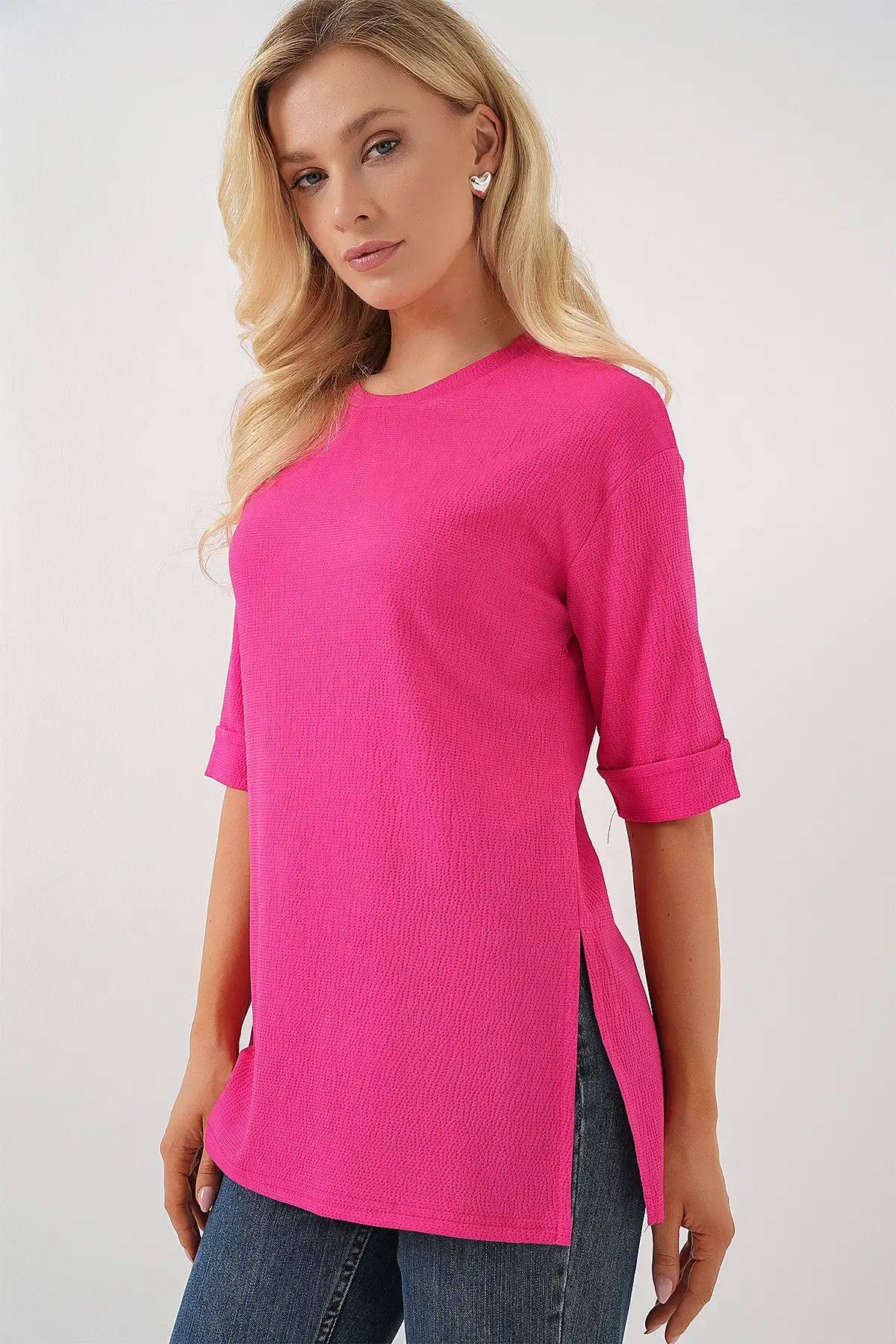 4332 Yanı Yırtmaçlı Örme Tişört - Fuşya