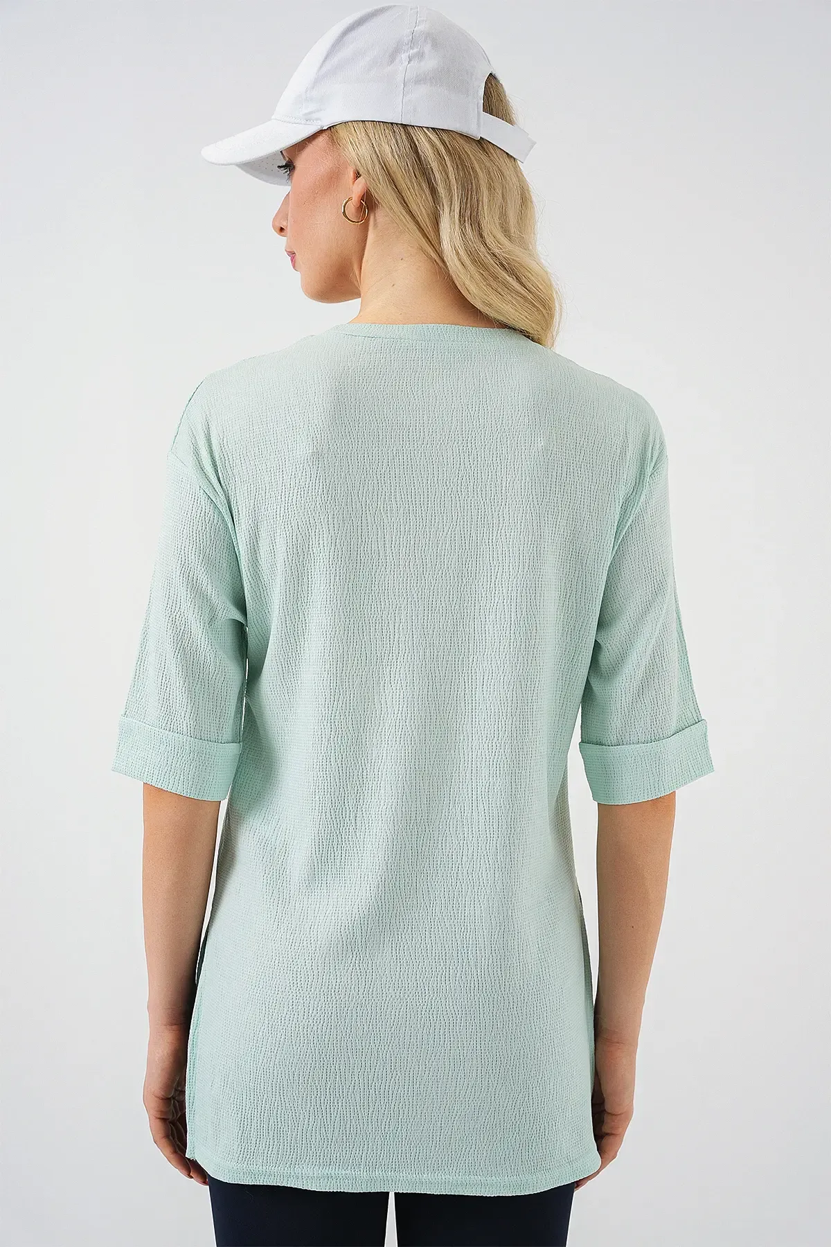 4332 Yanı Yırtmaçlı Örme Tişört - Mint