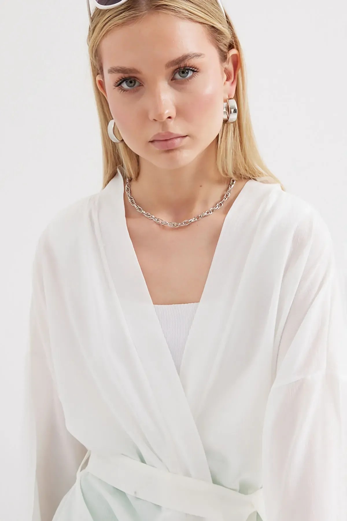 5835 Yırtmaçlı Yazlık Kimono - Beyaz