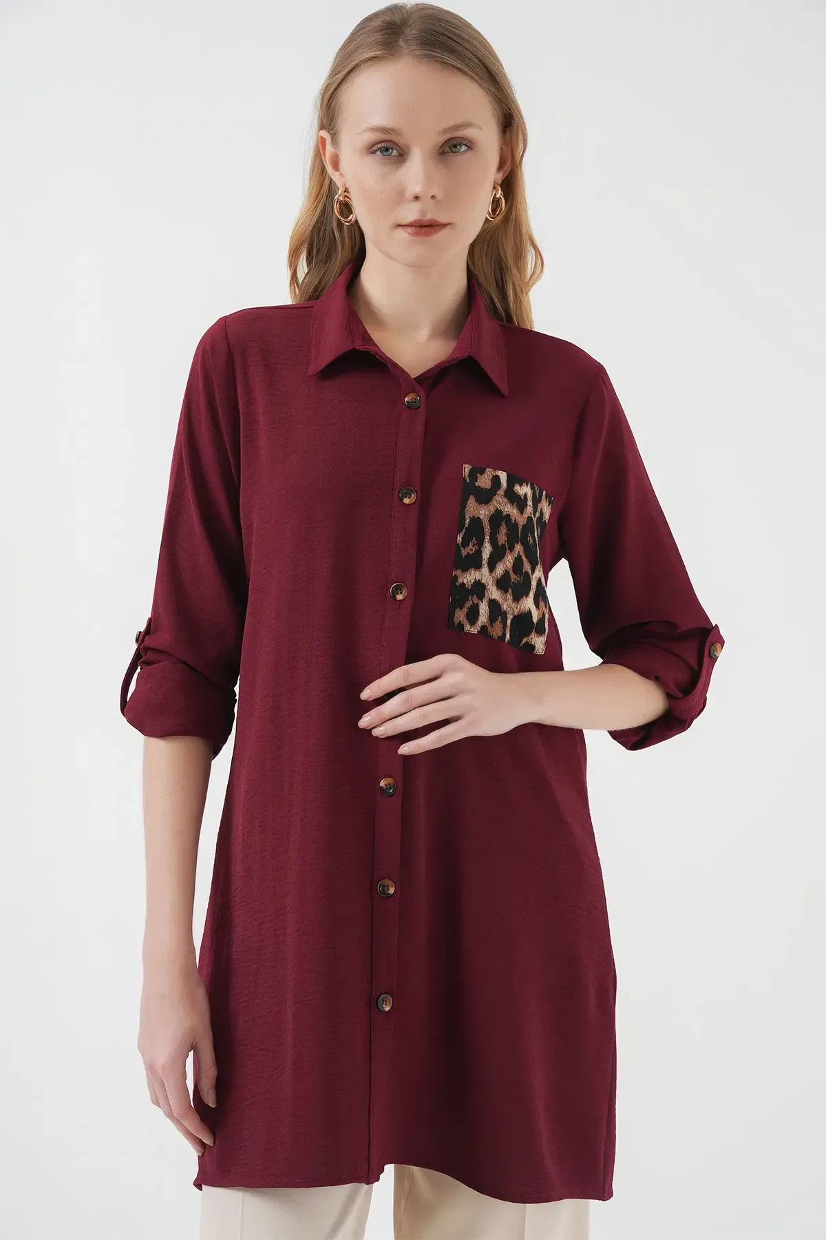 5851 Cep Detaylı Gömlek Tunik - Bordo