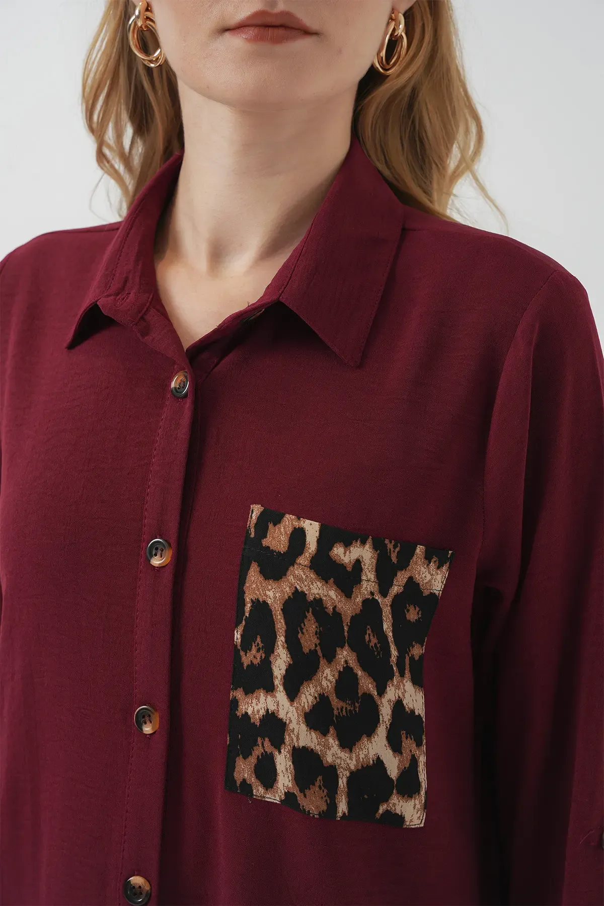 5851 Cep Detaylı Gömlek Tunik - Bordo