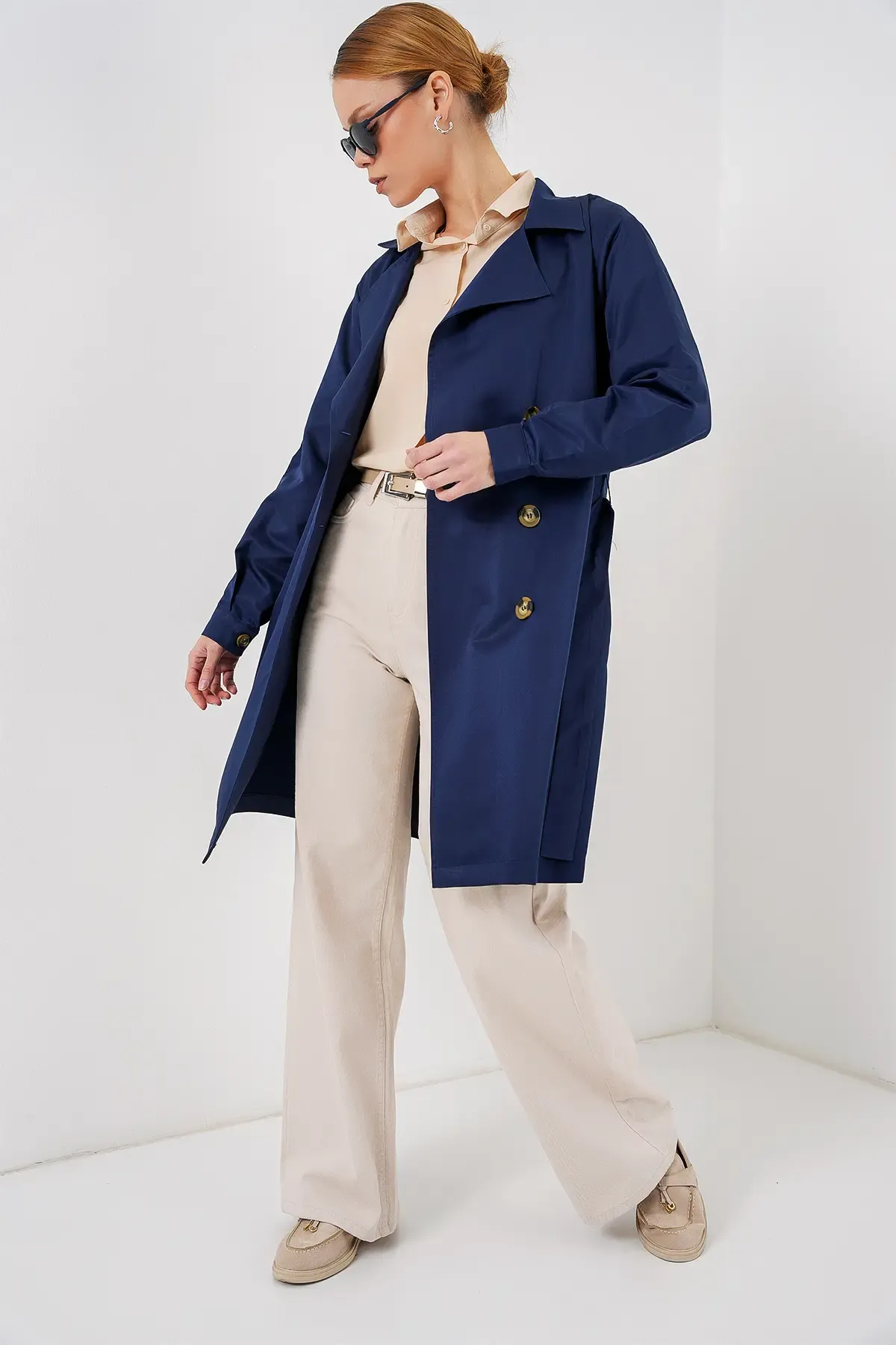 5864 Kruvaze Yaka Kısa Trençkot - Lacivert