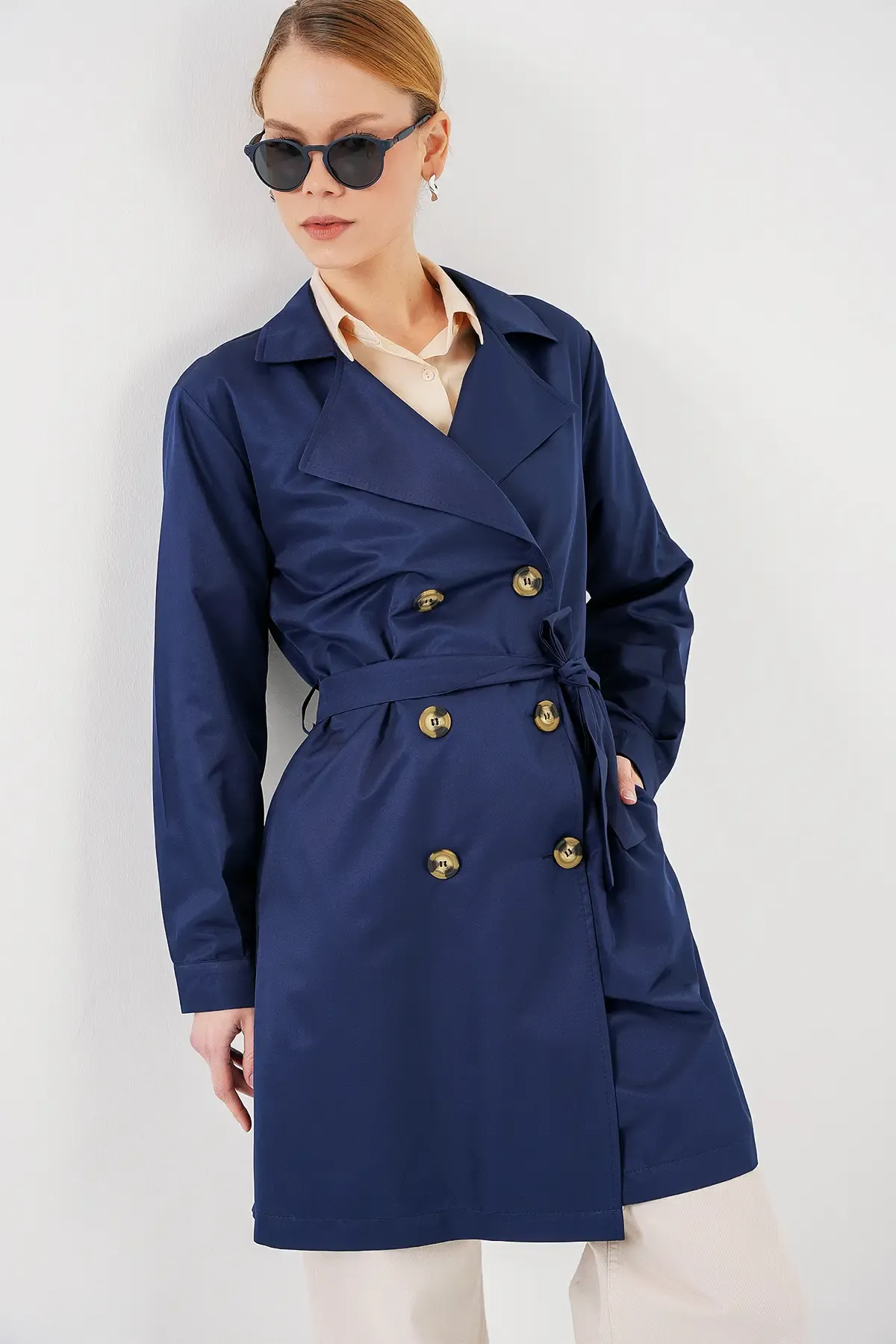 5864 Kruvaze Yaka Kısa Trençkot - Lacivert