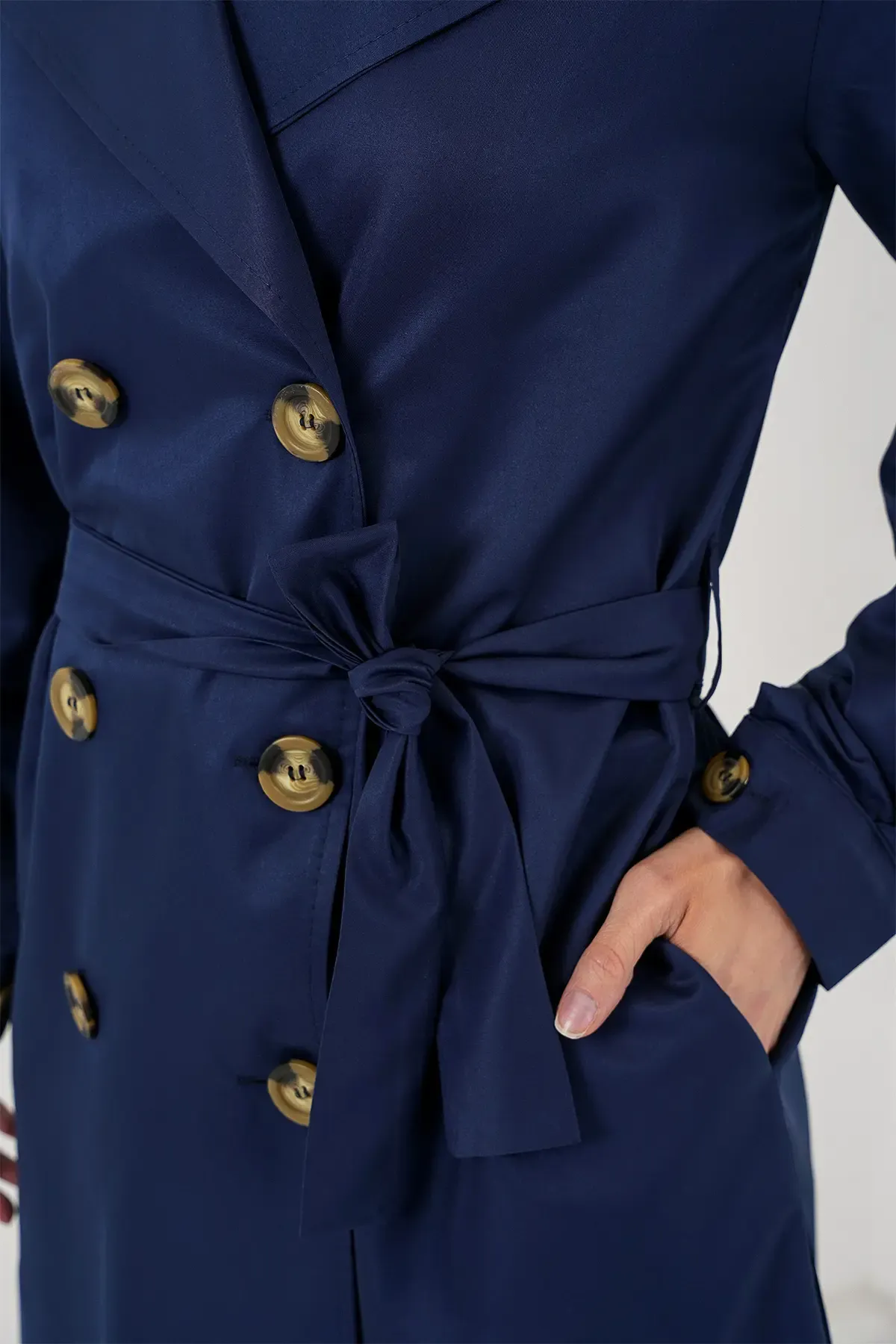 5864 Kruvaze Yaka Kısa Trençkot - Lacivert