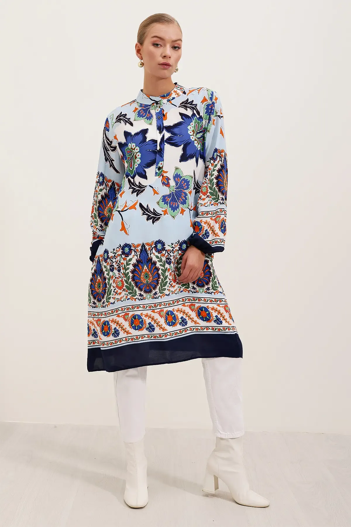 5903 Desenli Viskon Elbise - Lacivert