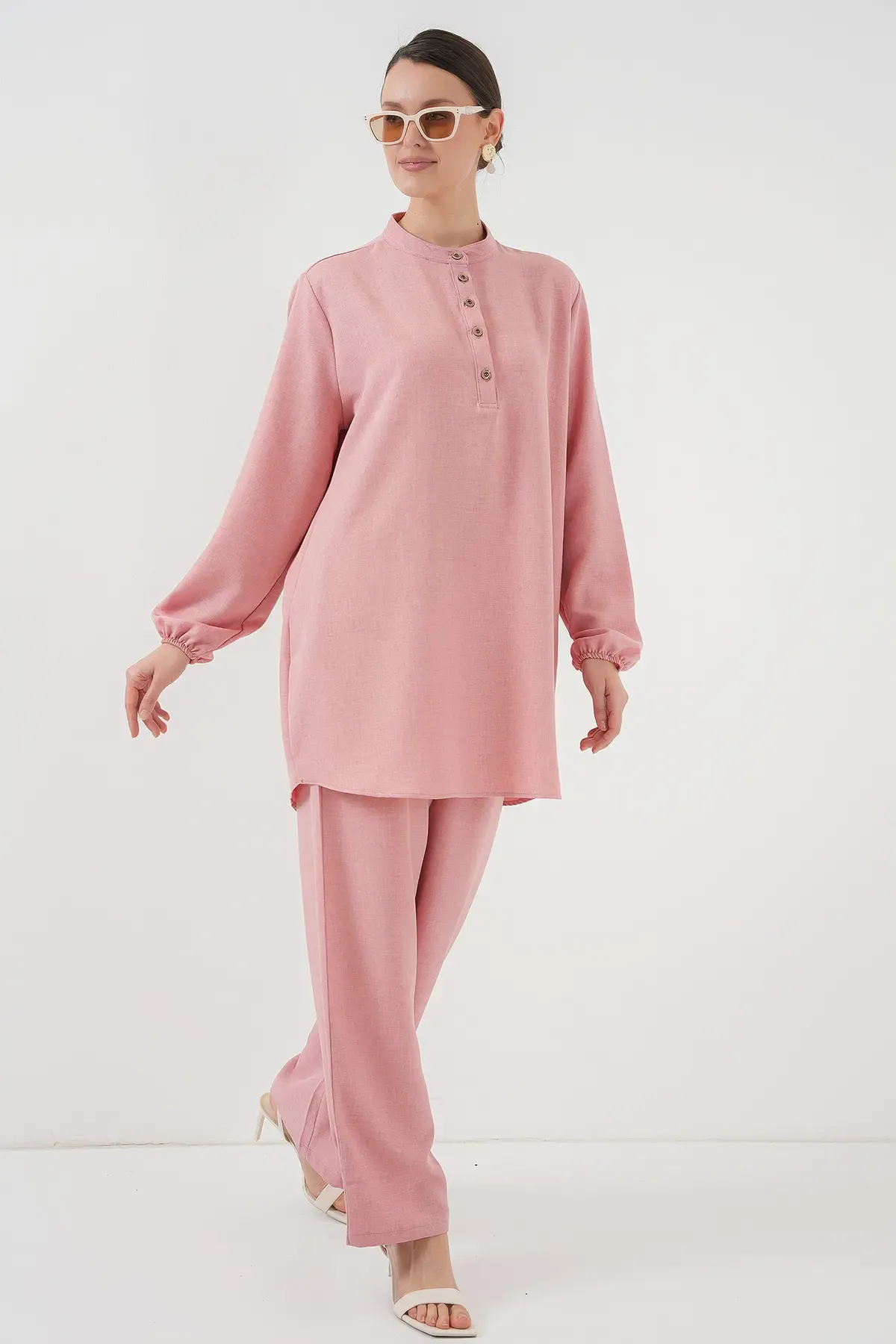 6678 Keten Tunik Pantolon İkili Takım - Pembe