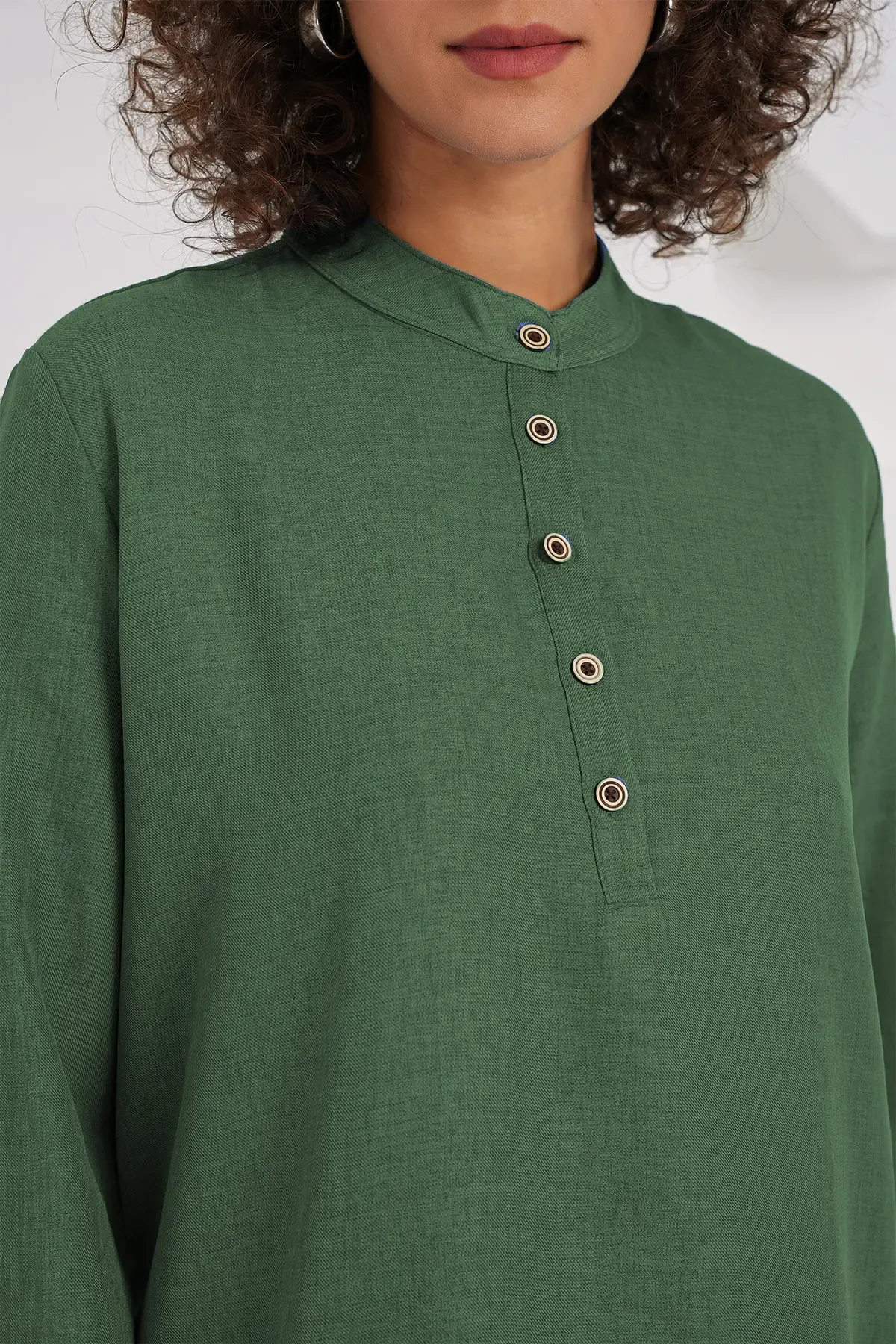 6678 Keten Tunik Pantolon İkili Takım - Zümrüt Yeşili