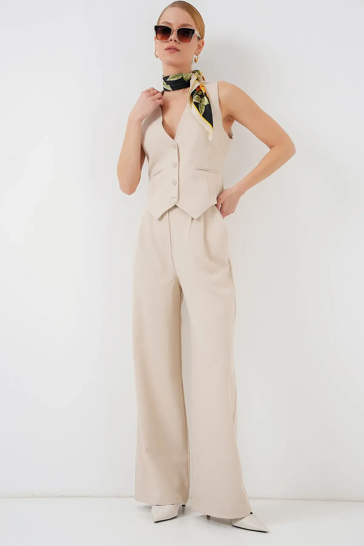 6709 Kadın Yelek Pantolon İkili Takım - Krem