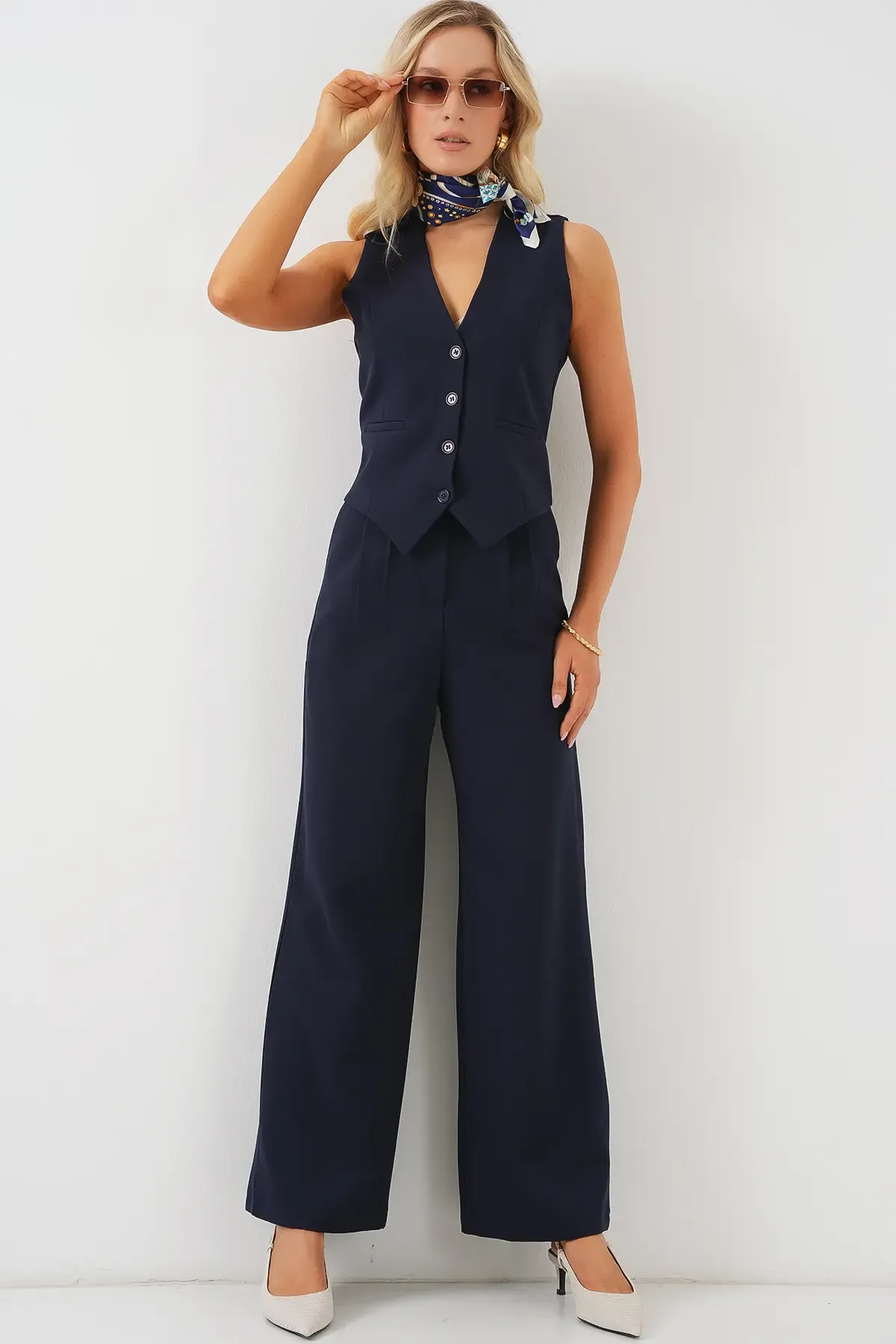 6709 Kadın Yelek Pantolon İkili Takım - Lacivert