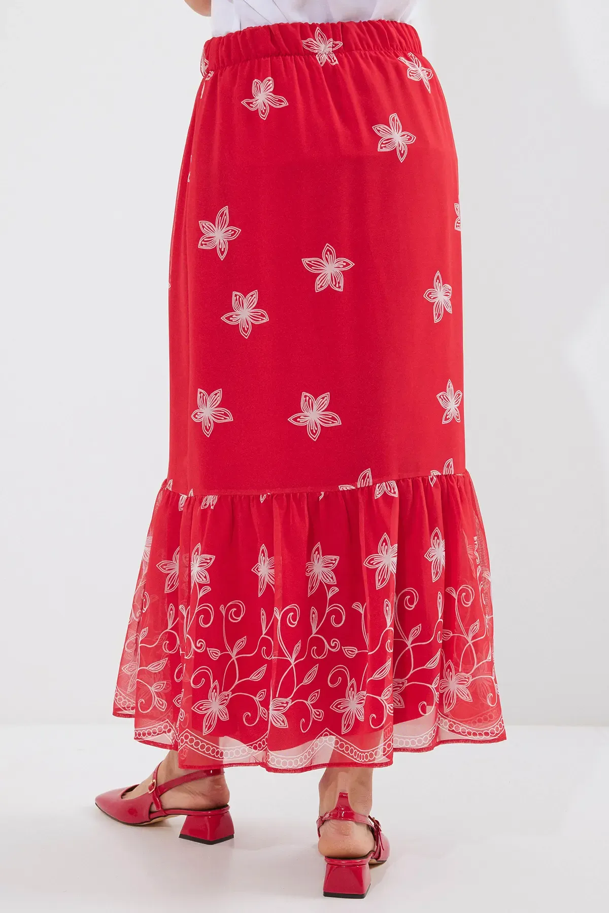 8010 Desenli Şifon Etek - A.Kırmızı