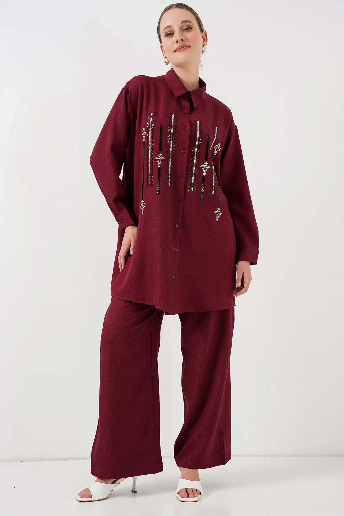 Desenli Tunik Pantolon İkili Takım 6720 - Bordo